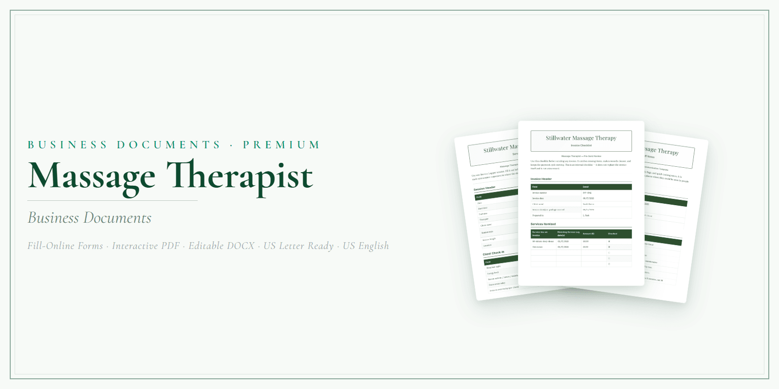 Massage Therapist Business Documents — Premium product preview