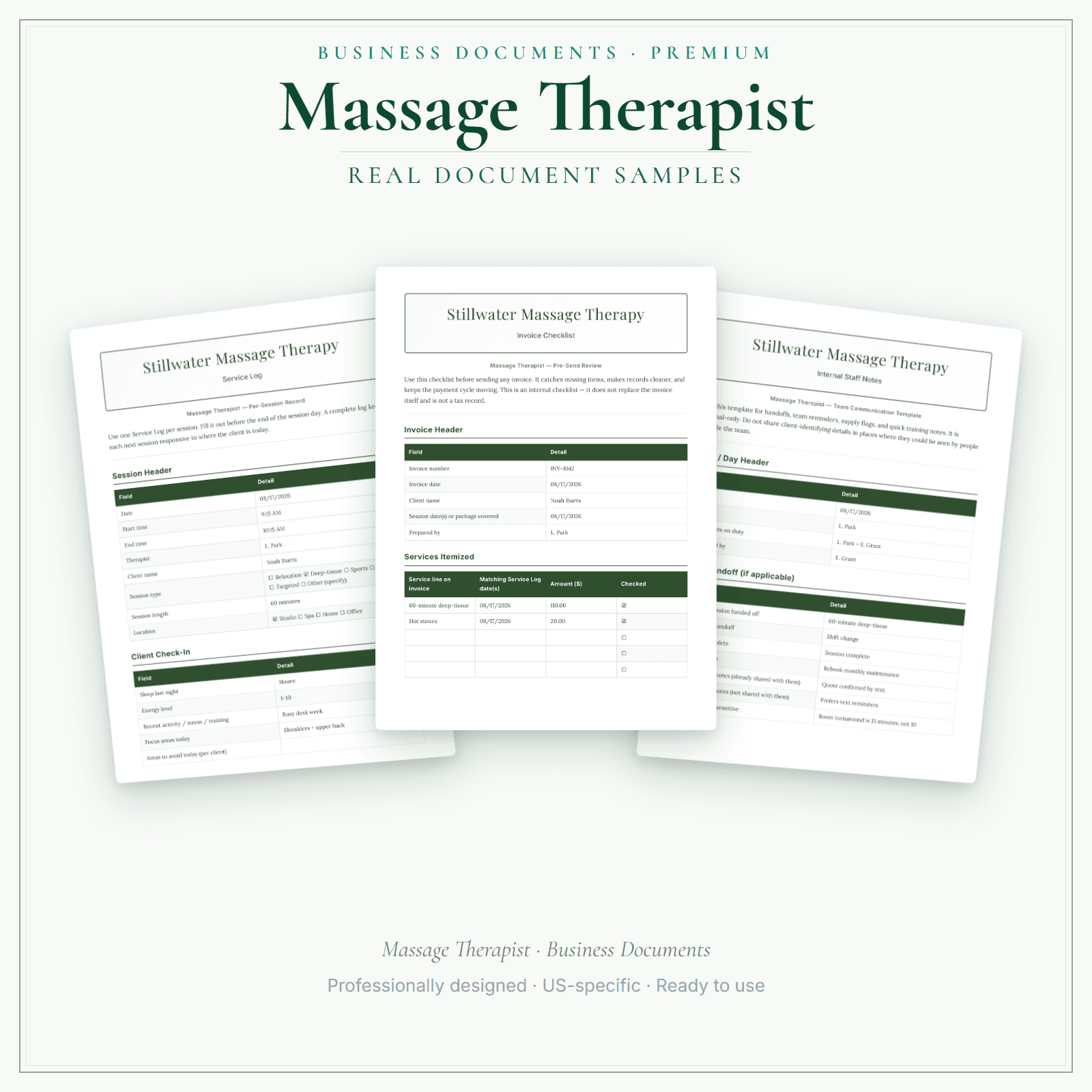 Massage Therapist Business Documents — Premium sample pages