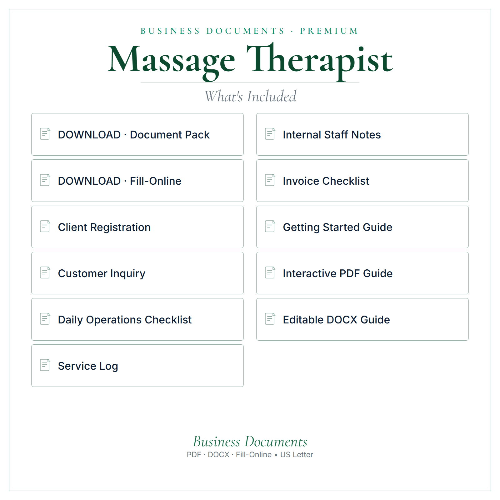 What's included in Massage Therapist Business Documents — Premium
