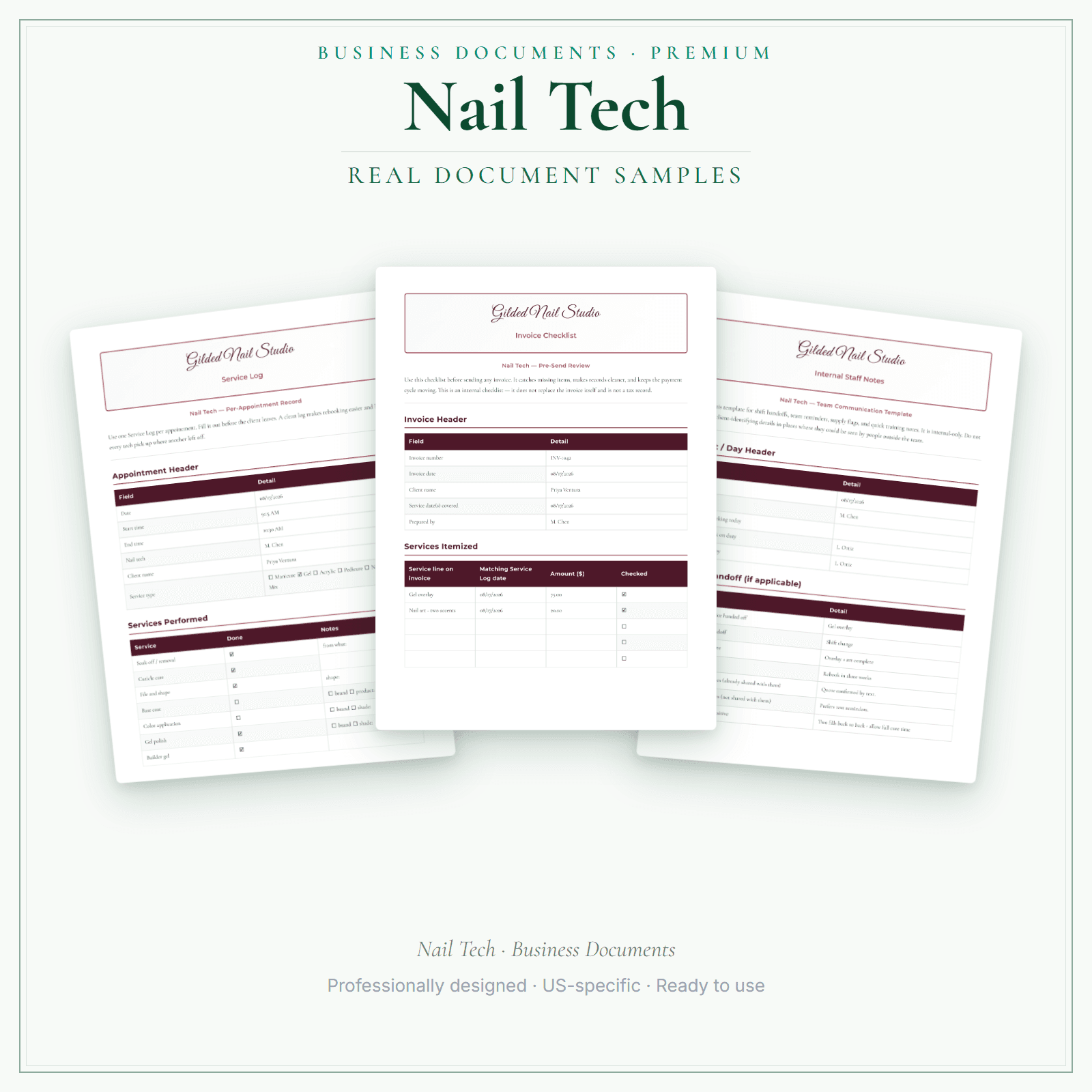 Nail Tech Business Documents — Premium sample pages