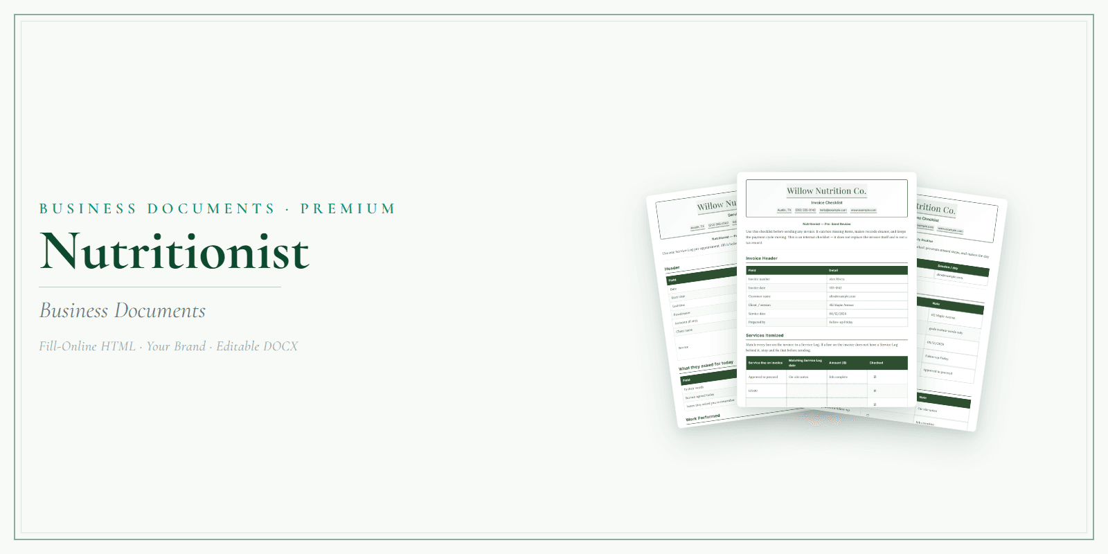 Nutritionist Business Documents — Premium product preview