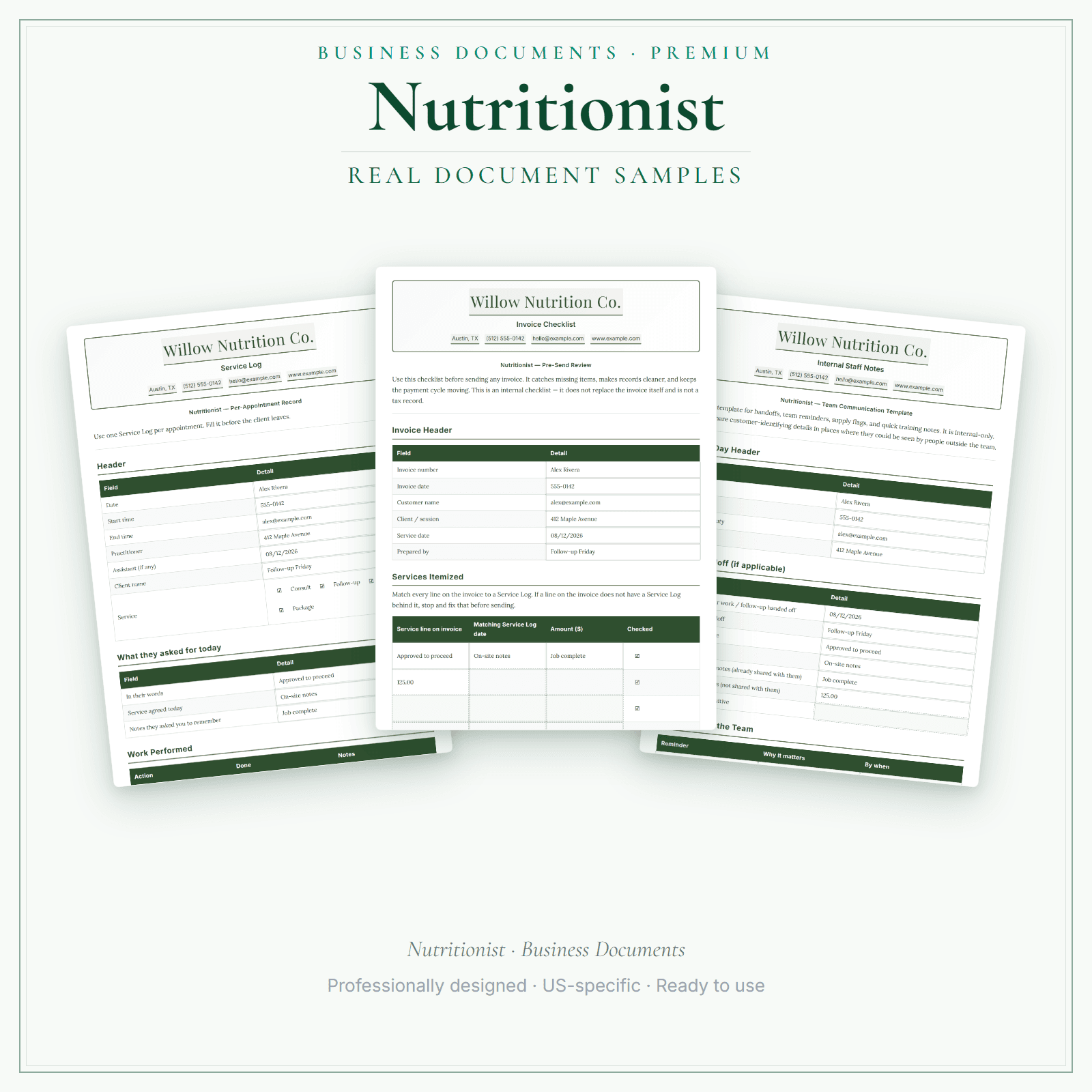 Nutritionist Business Documents — Premium sample pages