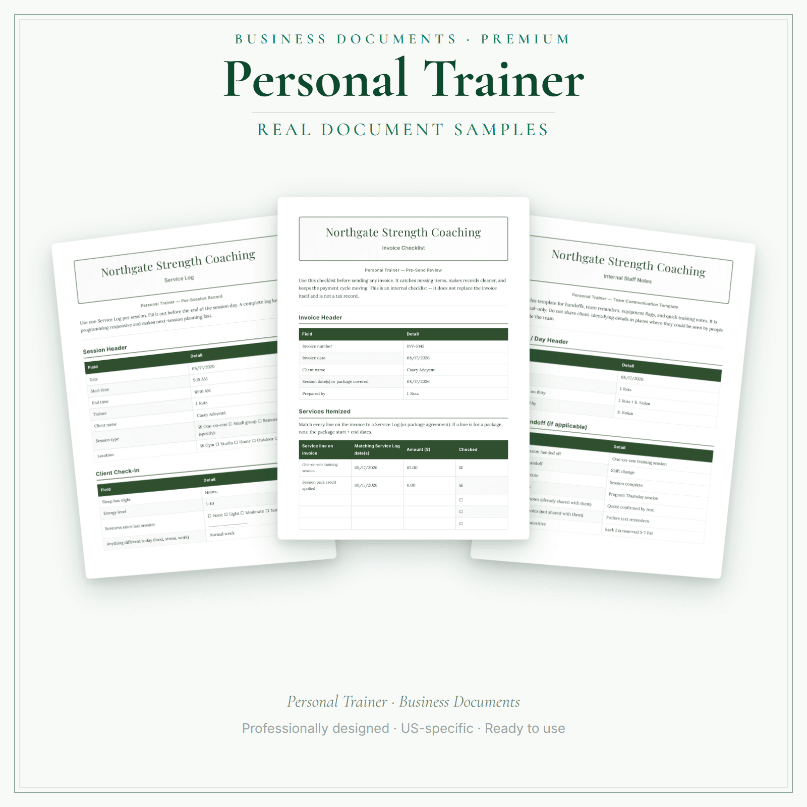 Personal Trainer Business Documents — Premium sample pages
