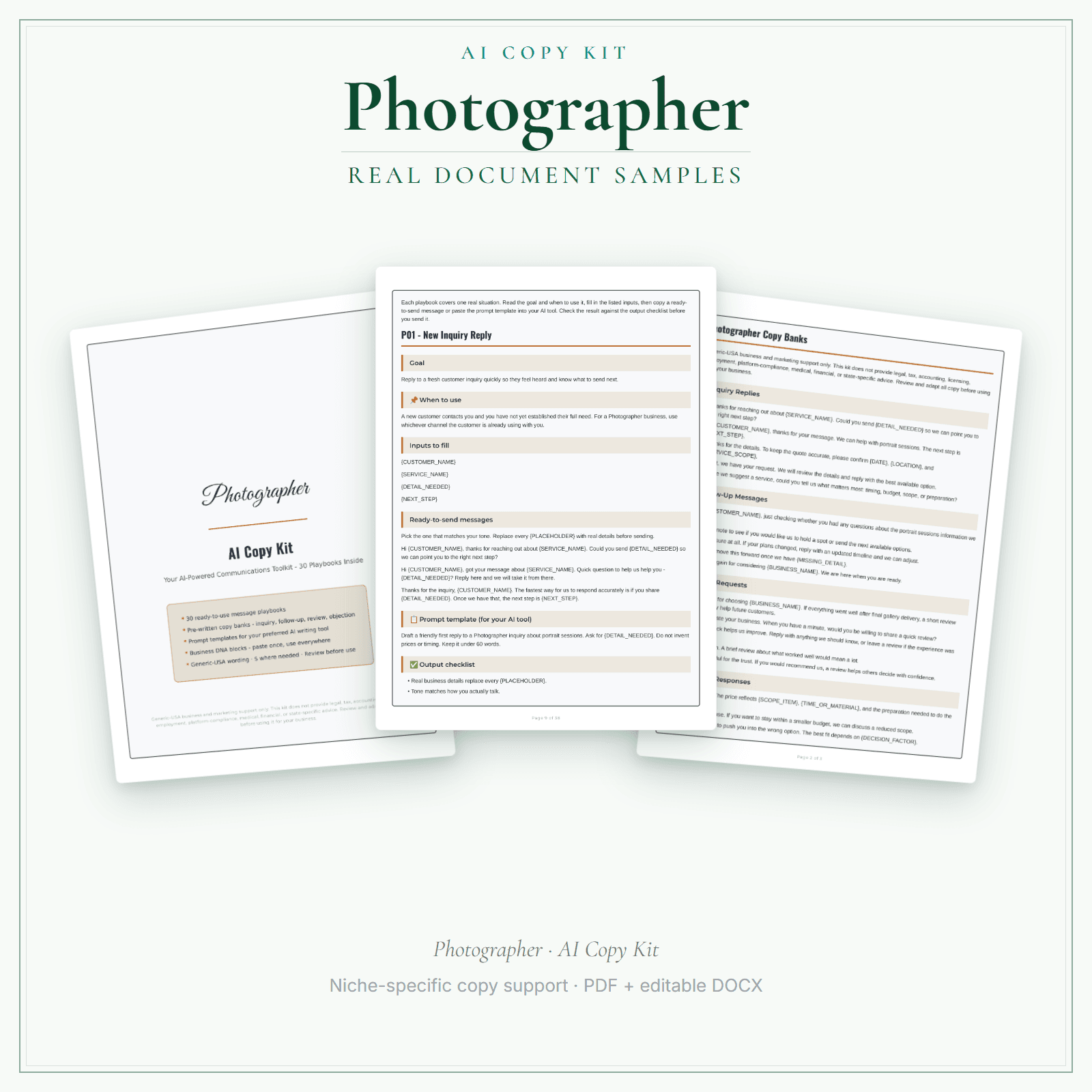 Photographer AI Copy Kit sample pages