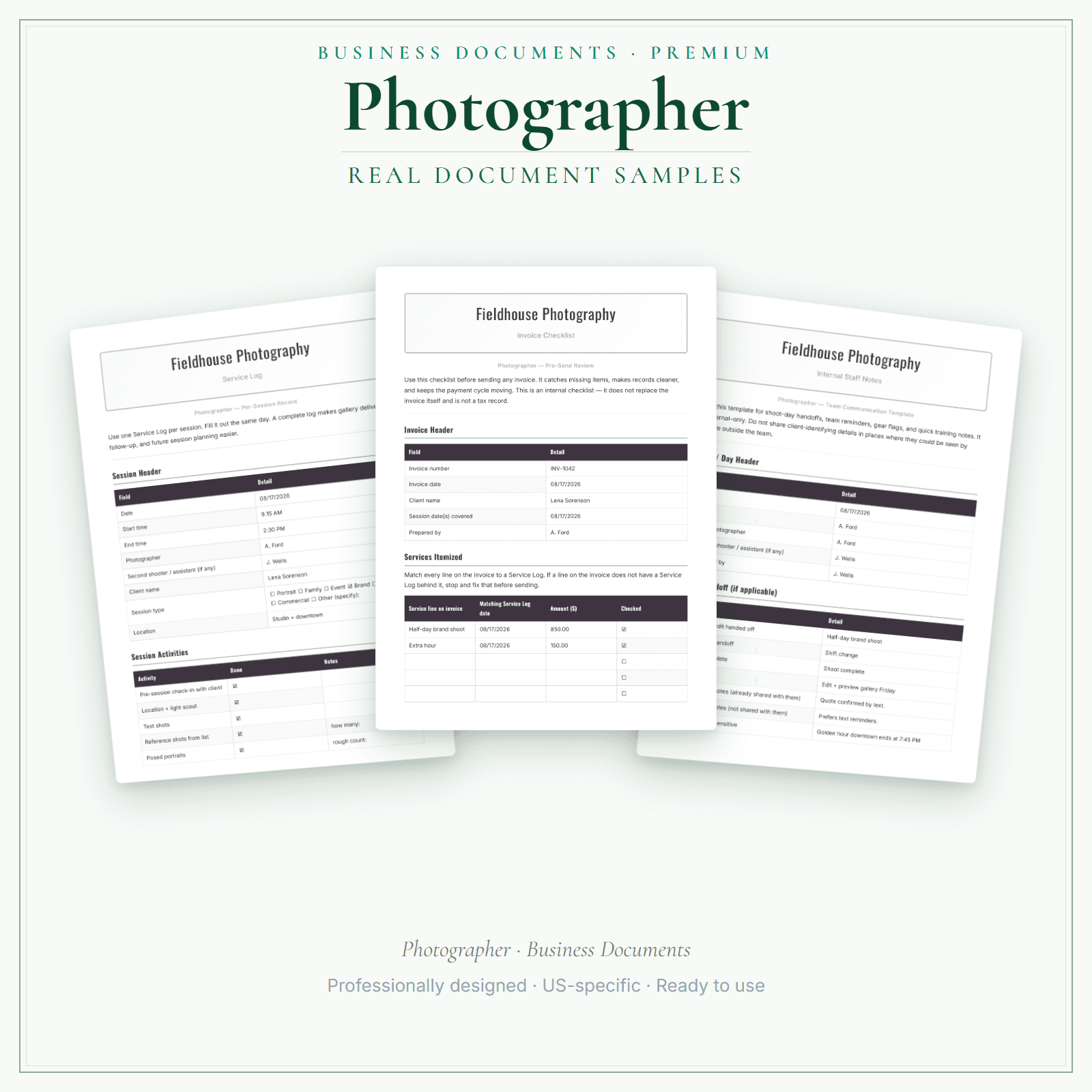 Photographer Business Documents — Premium sample pages