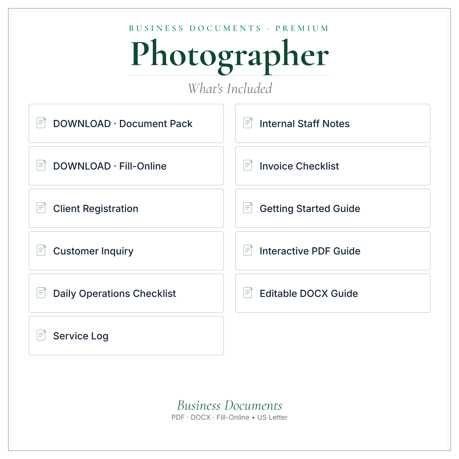What's included in Photographer Business Documents — Premium
