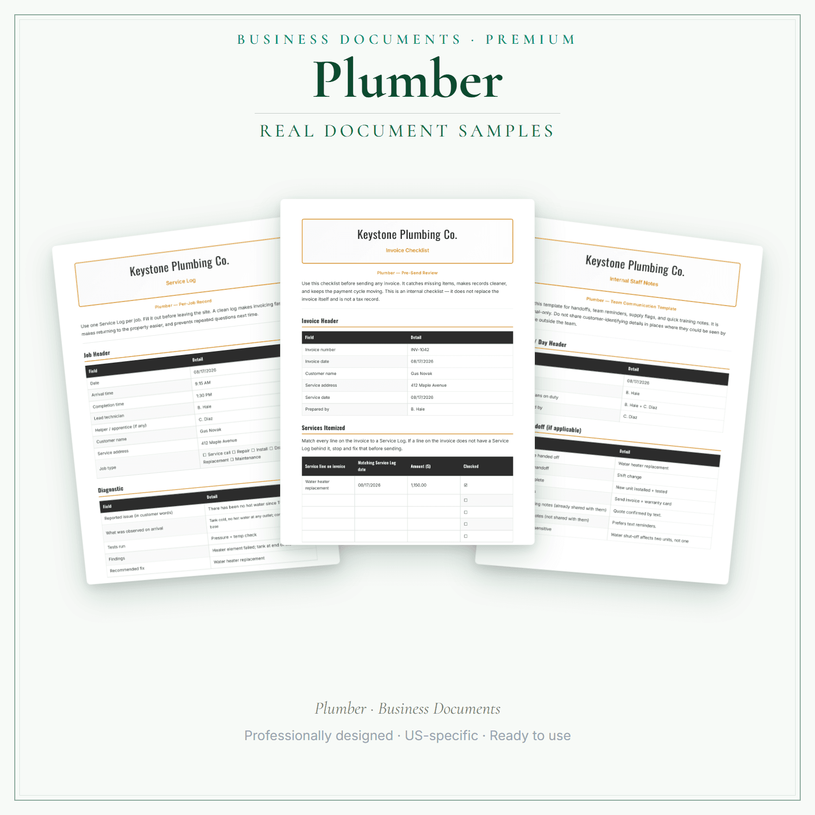 Plumber Business Documents — Premium sample pages