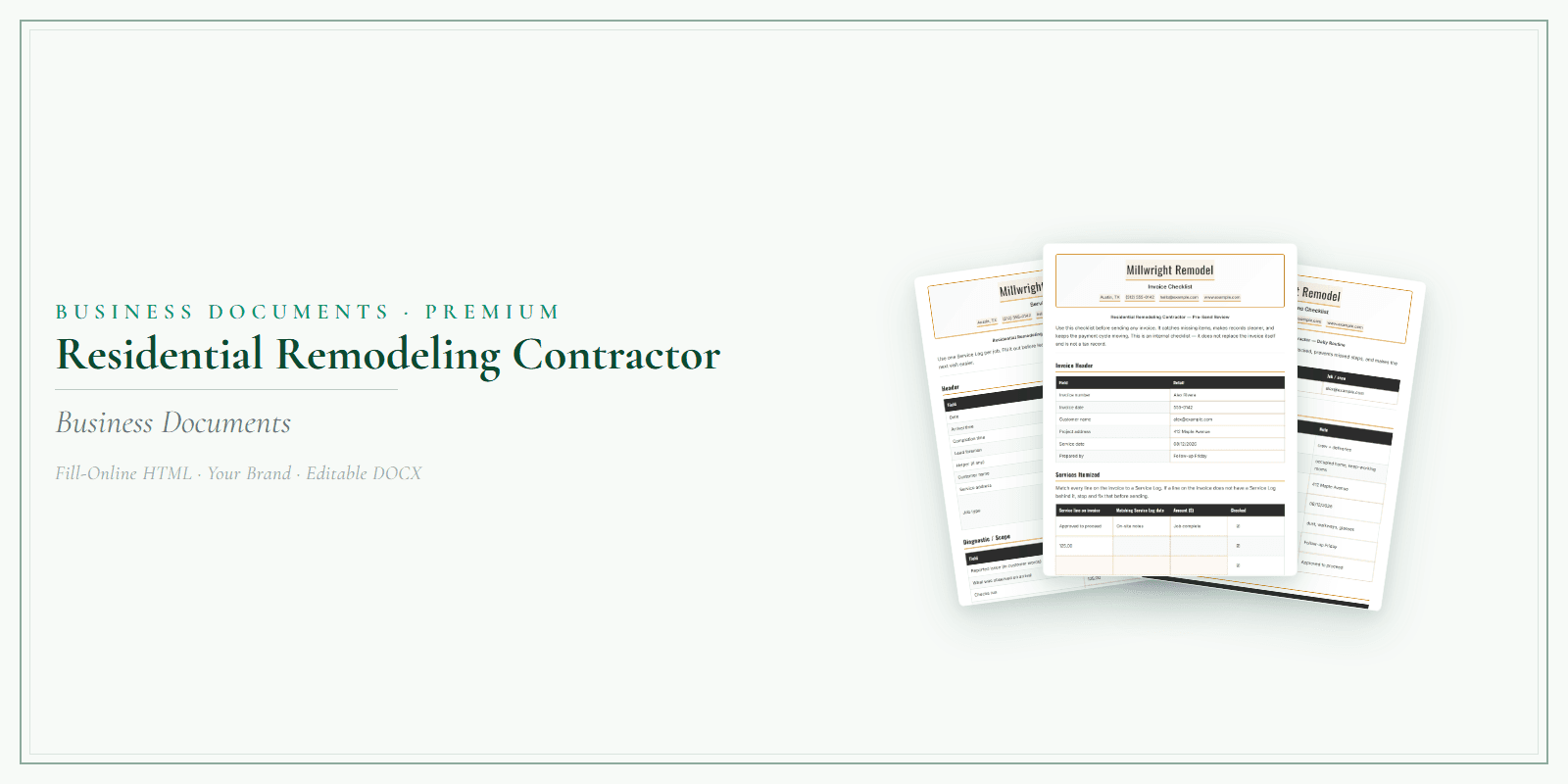Residential Remodeling Contractor Business Documents — Premium product preview