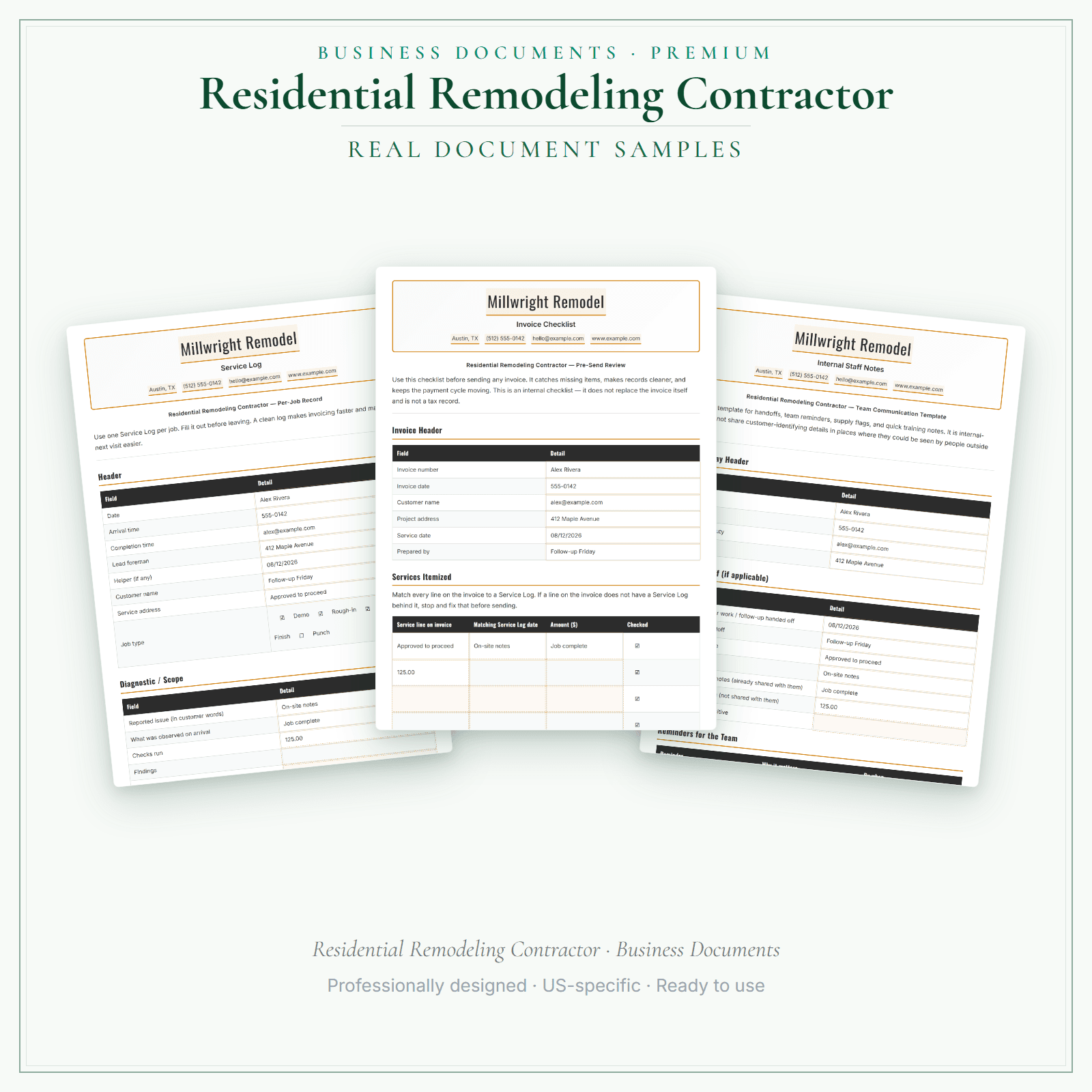 Residential Remodeling Contractor Business Documents — Premium sample pages