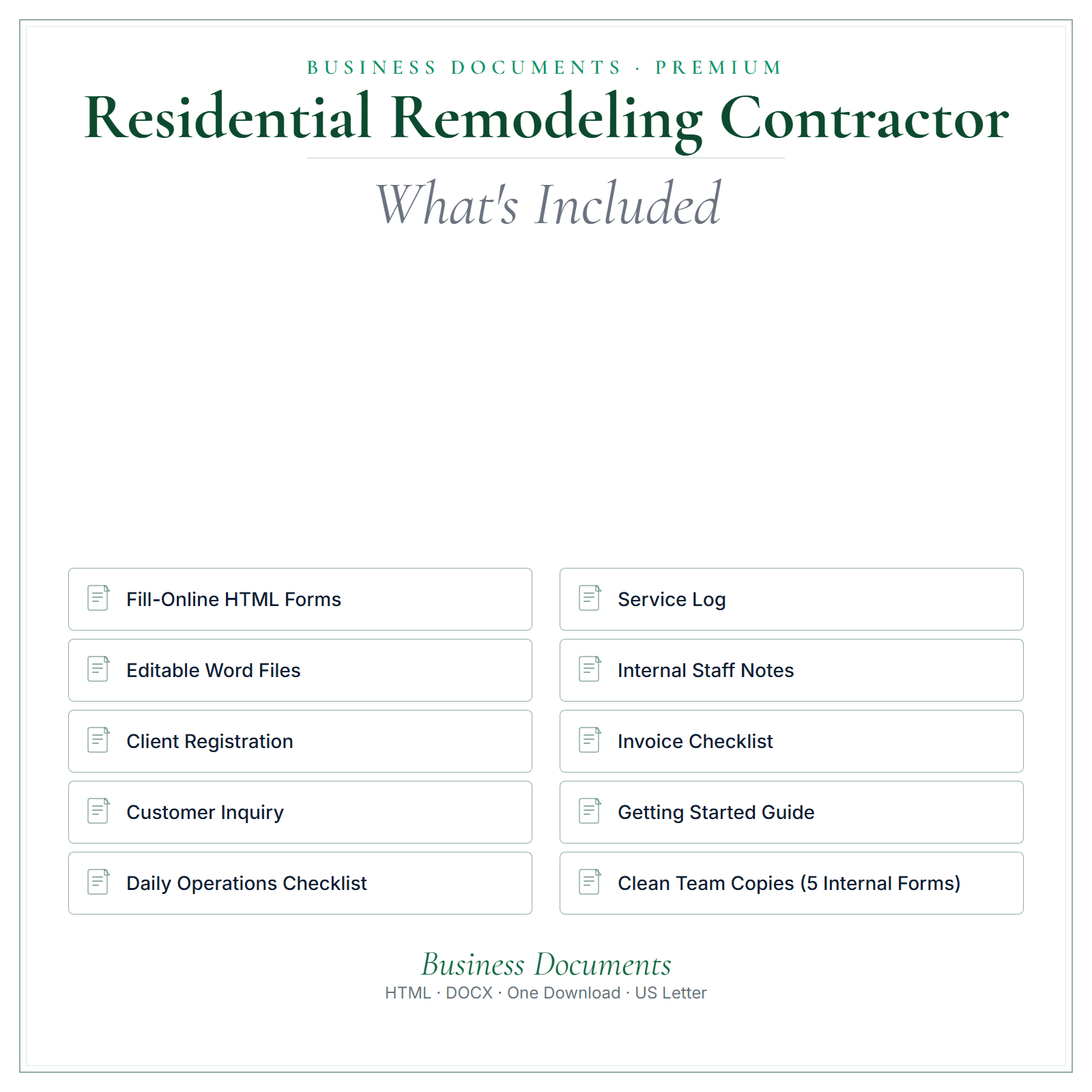 What's included in Residential Remodeling Contractor Business Documents — Premium