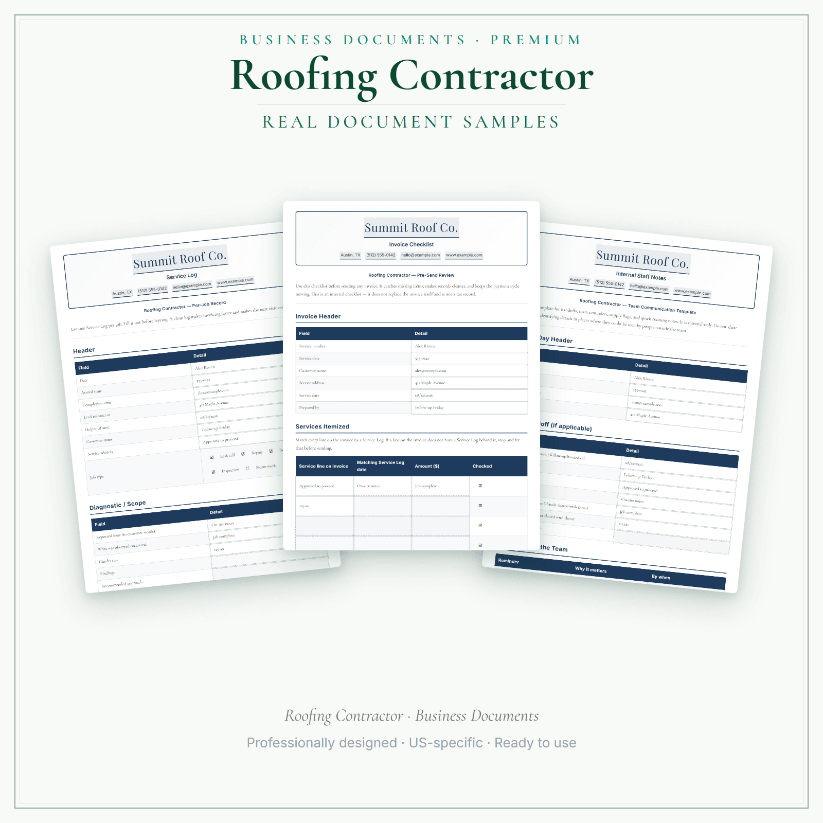 Roofing Contractor Business Documents — Premium sample pages