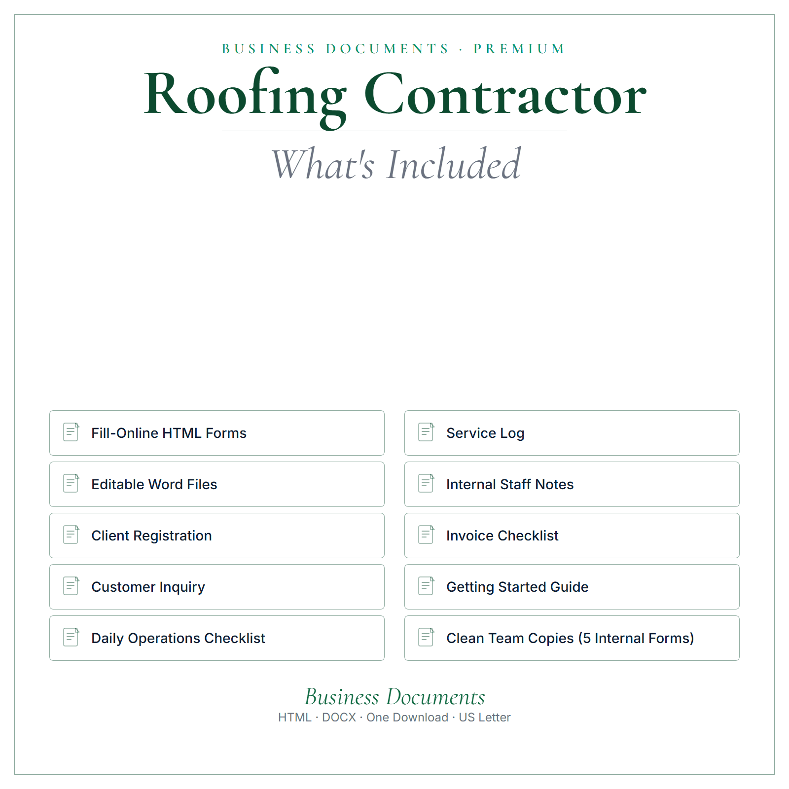 What's included in Roofing Contractor Business Documents — Premium