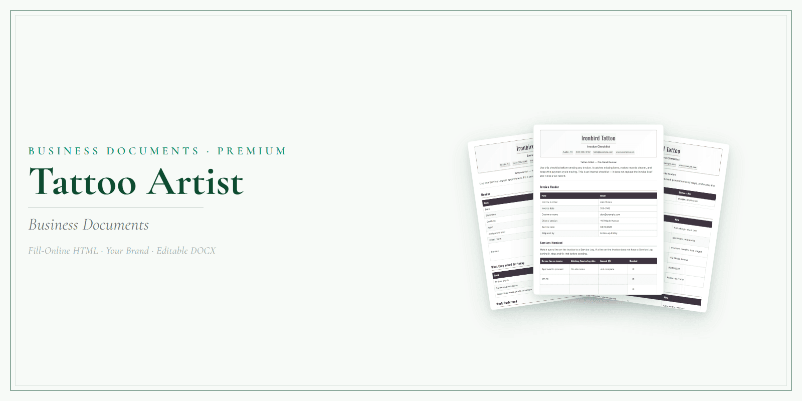 Tattoo Artist Business Documents — Premium product preview