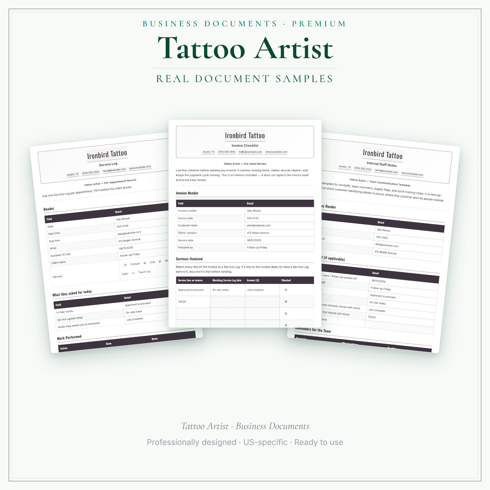 Tattoo Artist Business Documents — Premium sample pages
