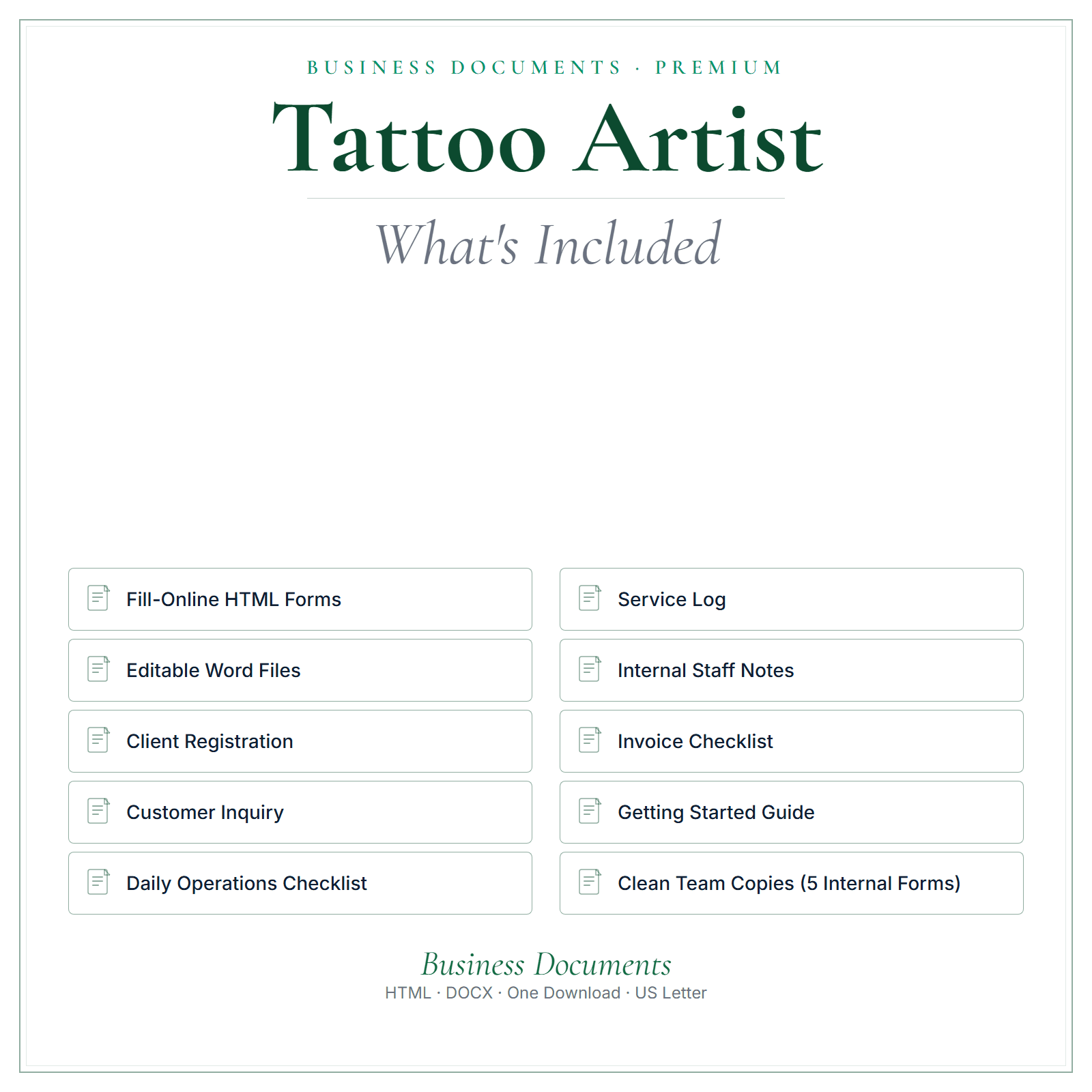 What's included in Tattoo Artist Business Documents — Premium