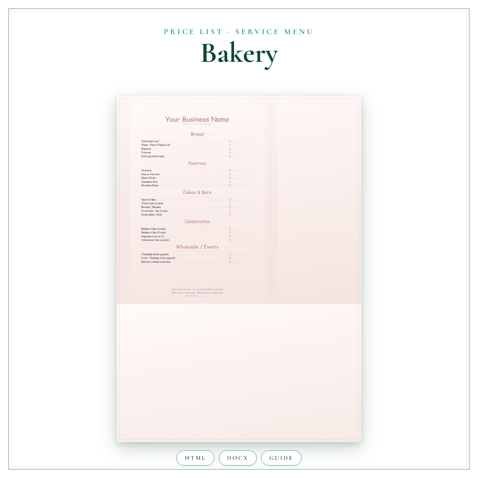 Price List & Service Menu for Bakery