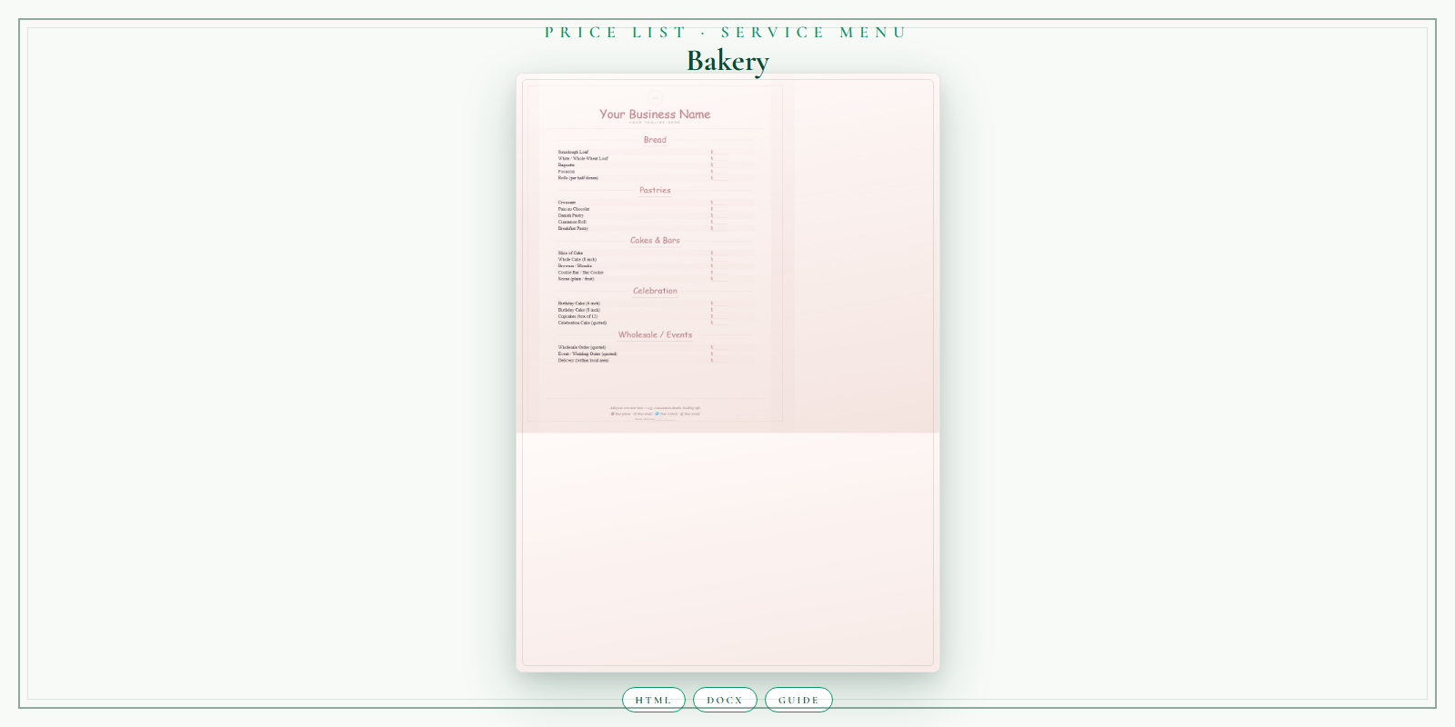 Bakery Price List & Service Menu product preview