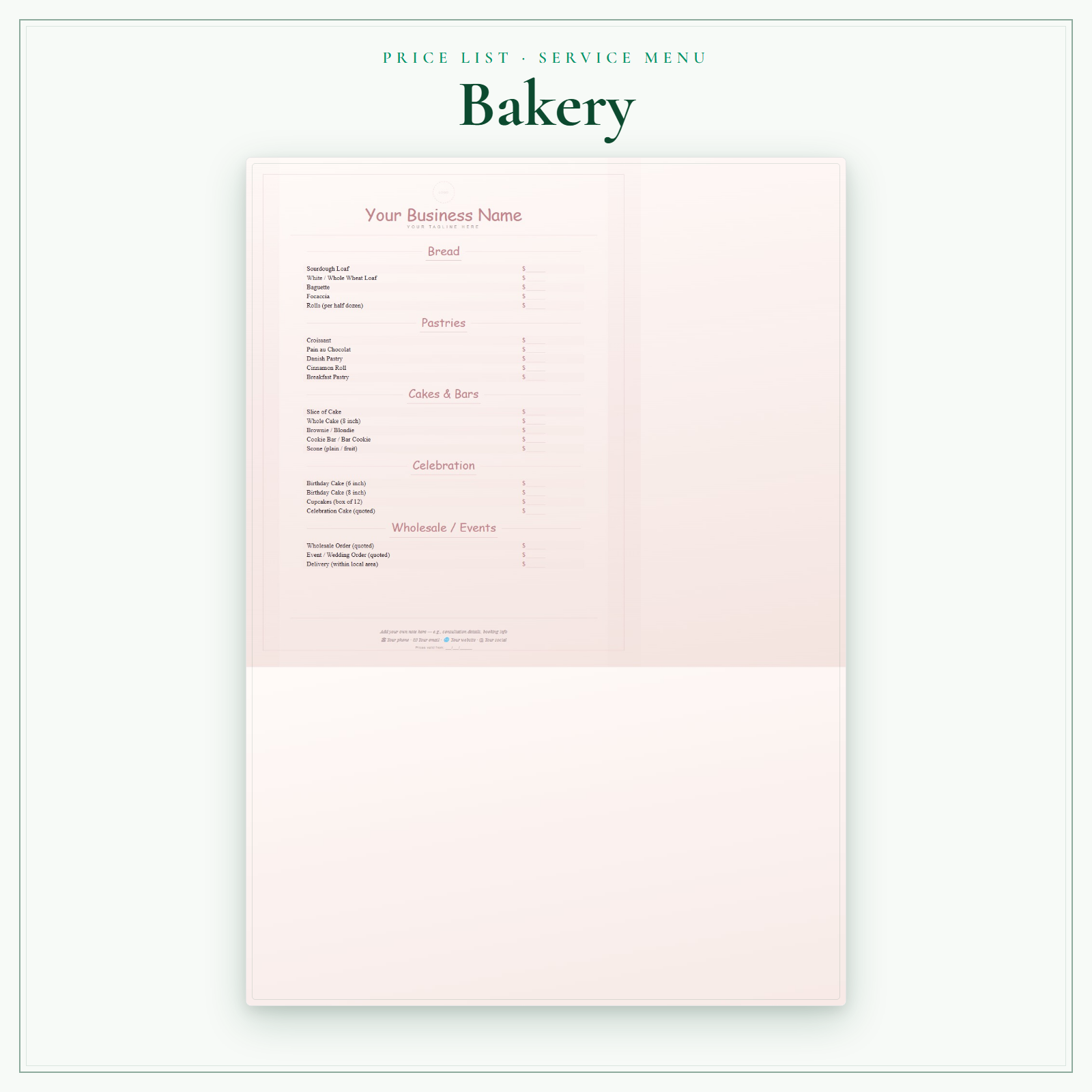 Bakery Price List & Service Menu sample pages