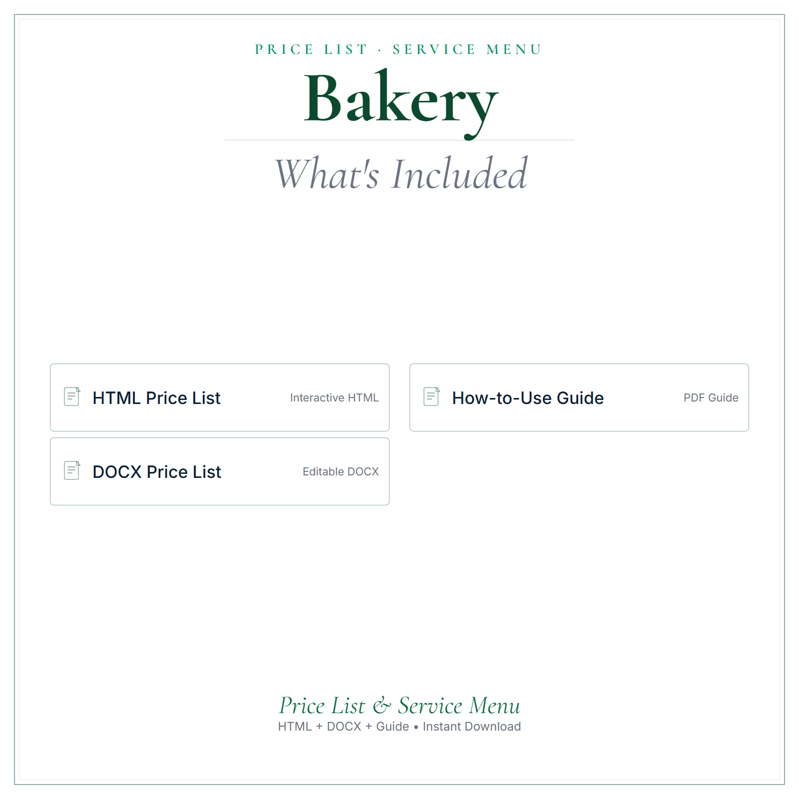 What's included in Bakery Price List & Service Menu