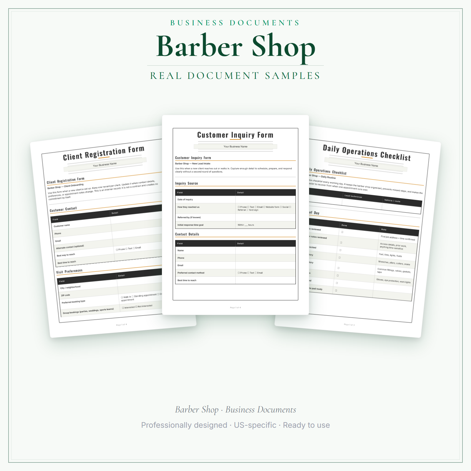 Barber Shop Business Documents — Standard sample pages