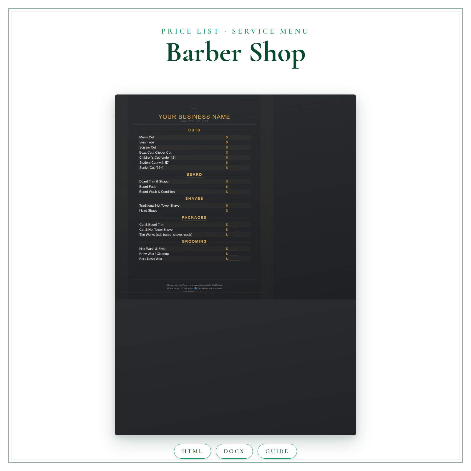 Price List & Service Menu for Barber Shop
