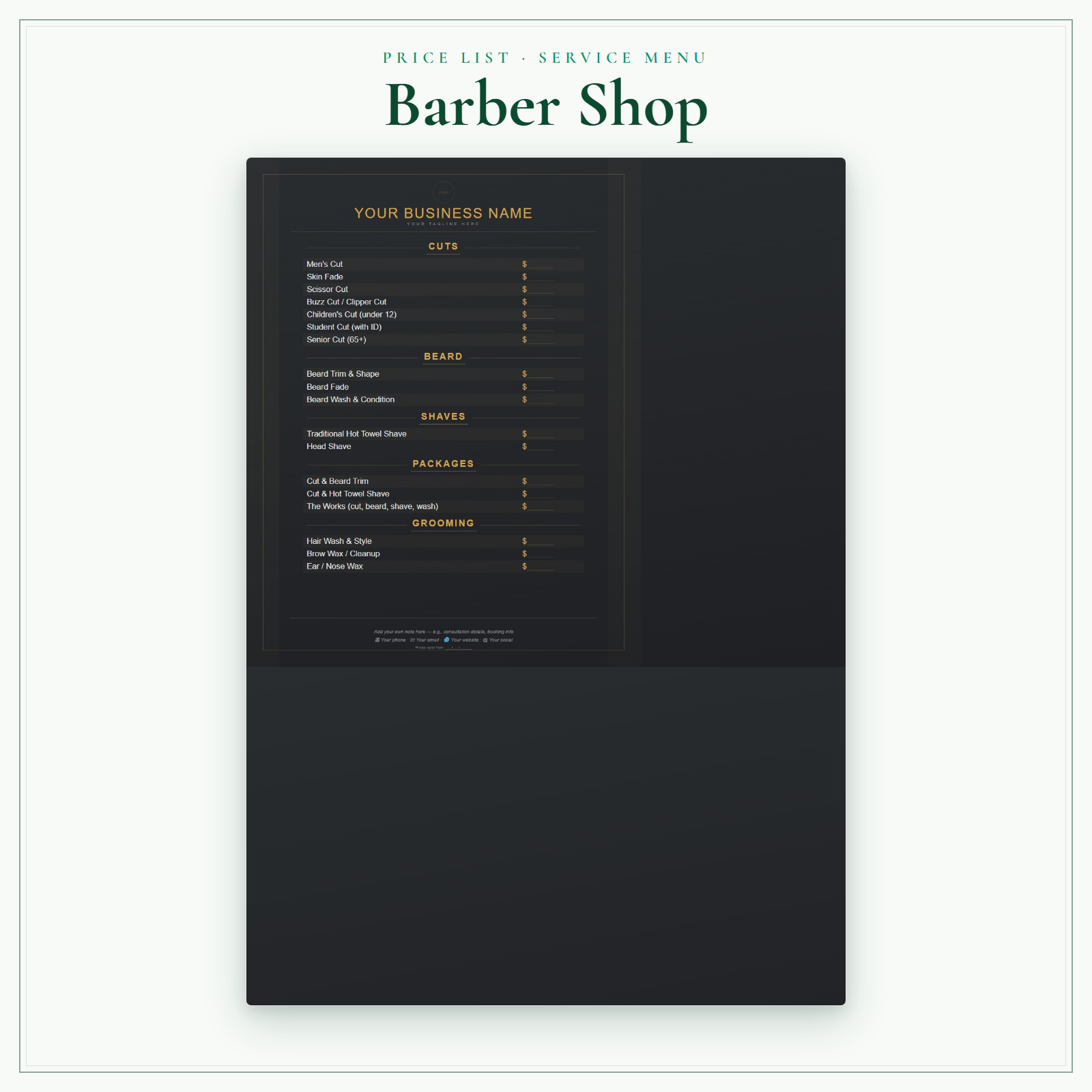 Barber Shop Price List & Service Menu sample pages