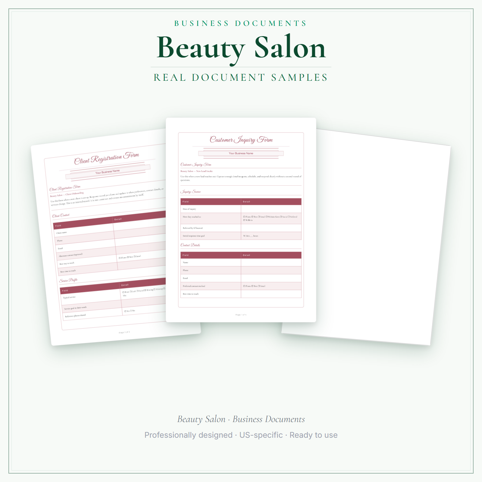 Beauty Salon Business Documents — Premium sample pages