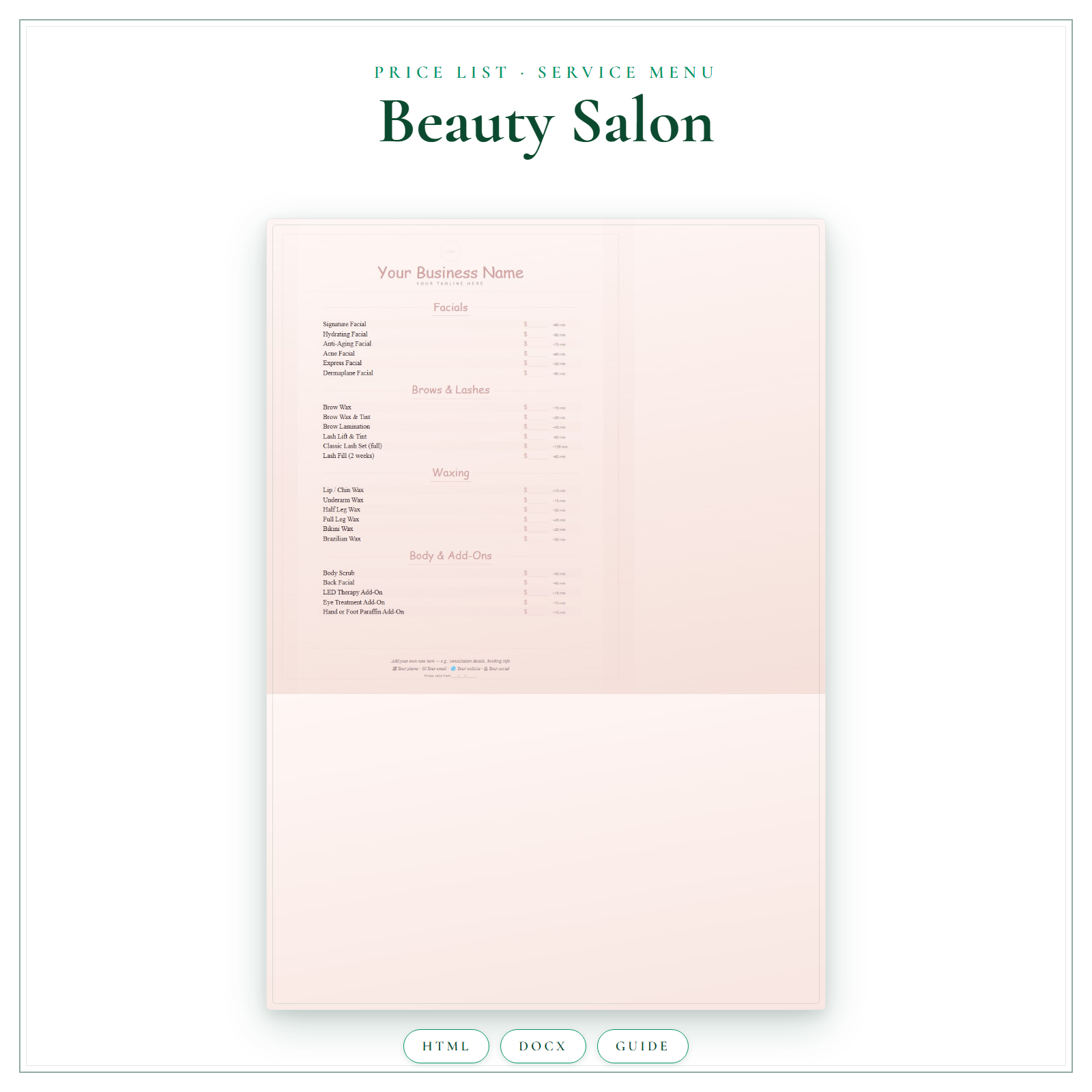 Price List & Service Menu for Beauty Salon