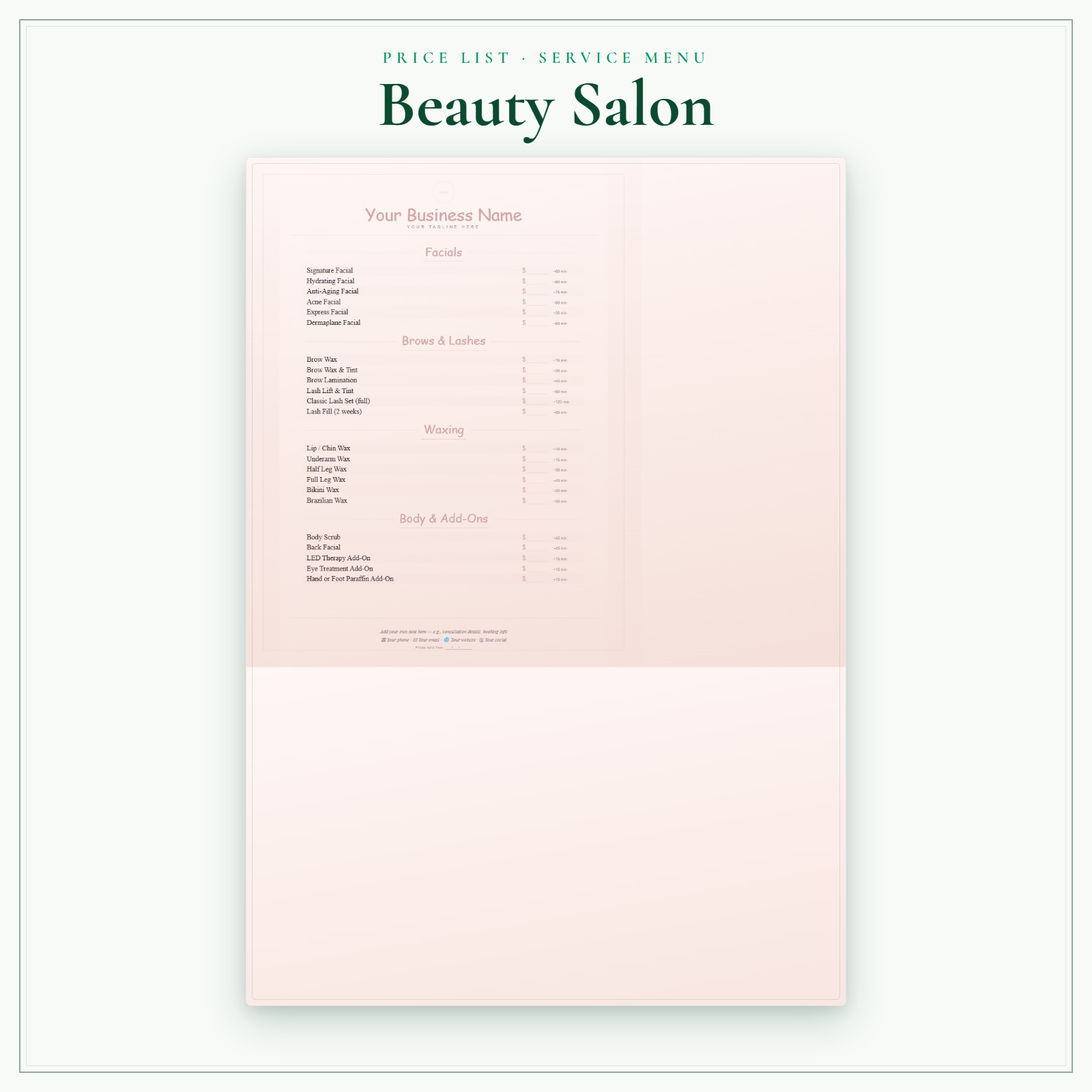 Beauty Salon Price List & Service Menu sample pages