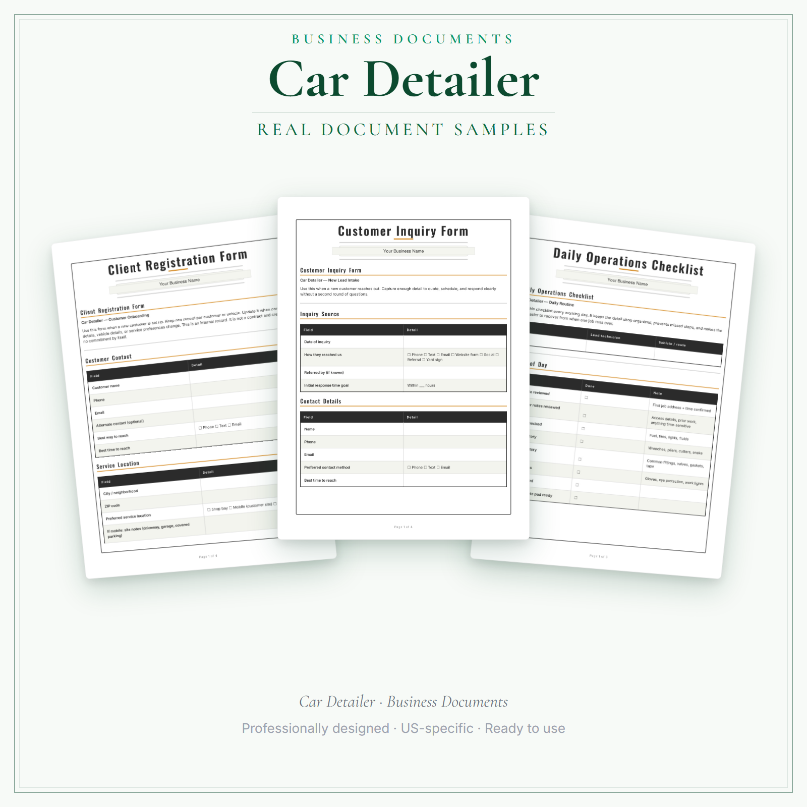 Car Detailer Business Documents — Premium sample pages
