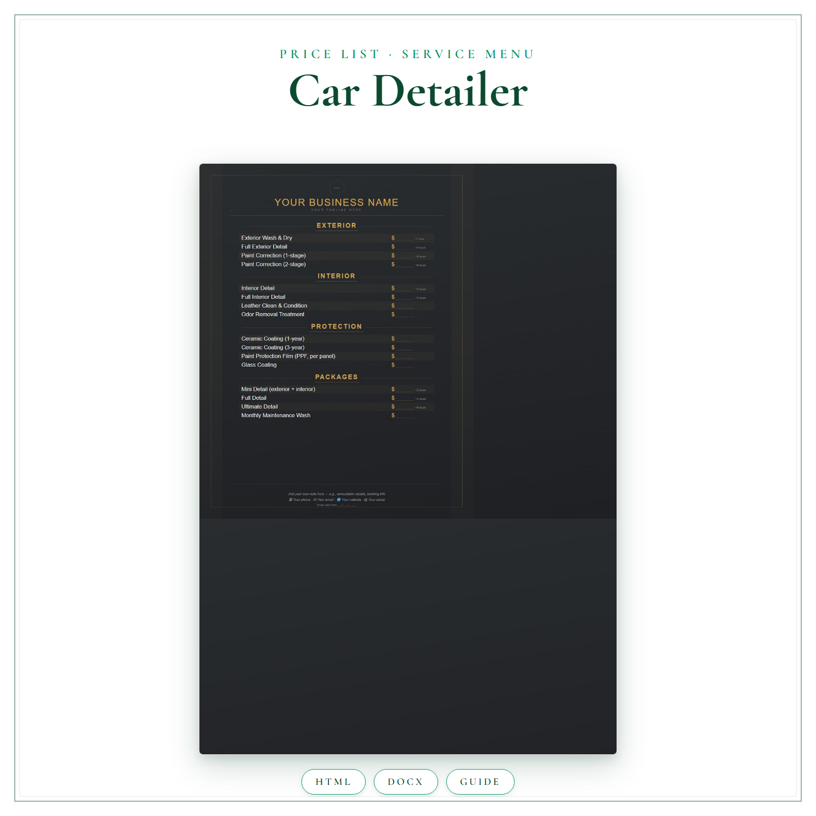 Price List & Service Menu for Car Detailer