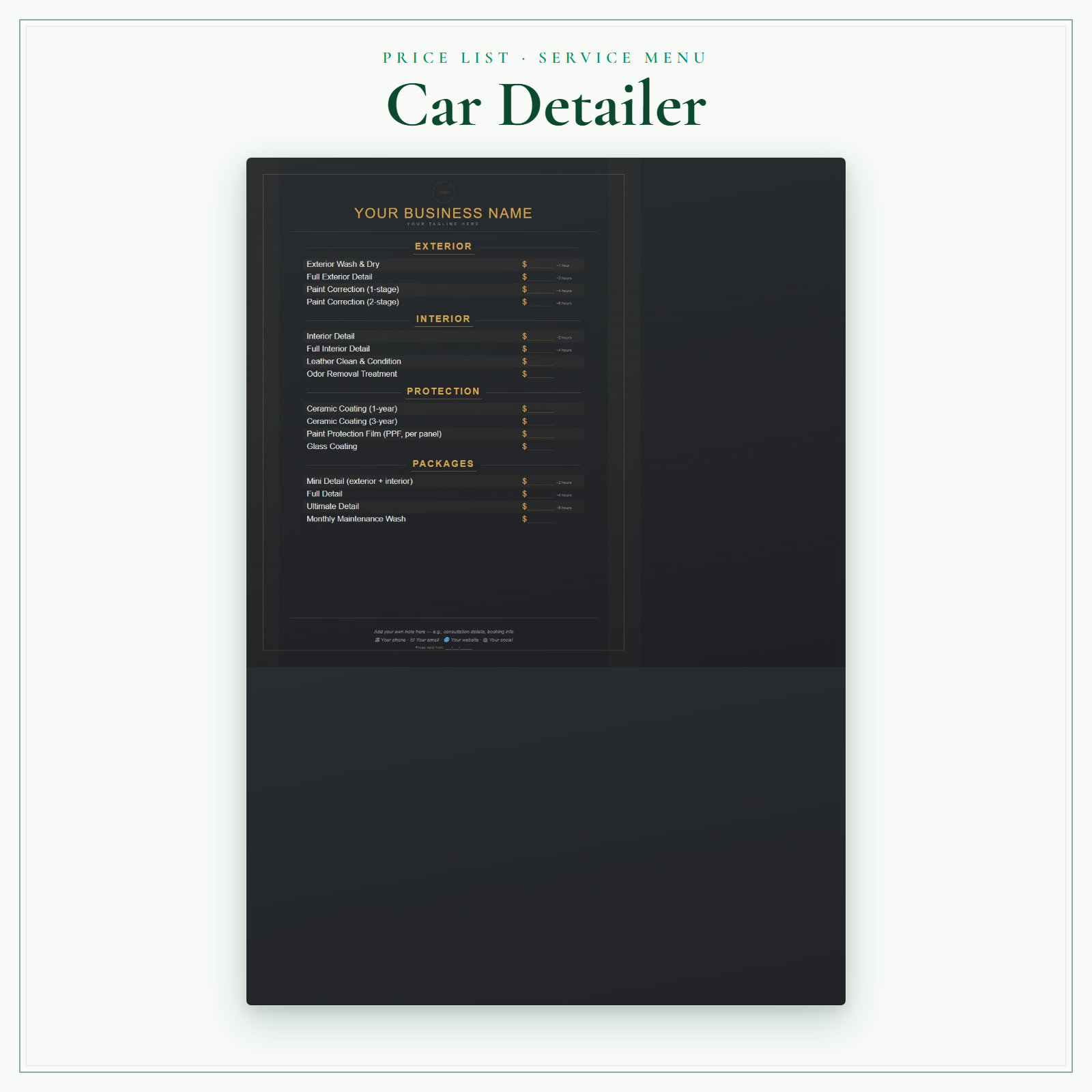 Car Detailer Price List & Service Menu sample pages