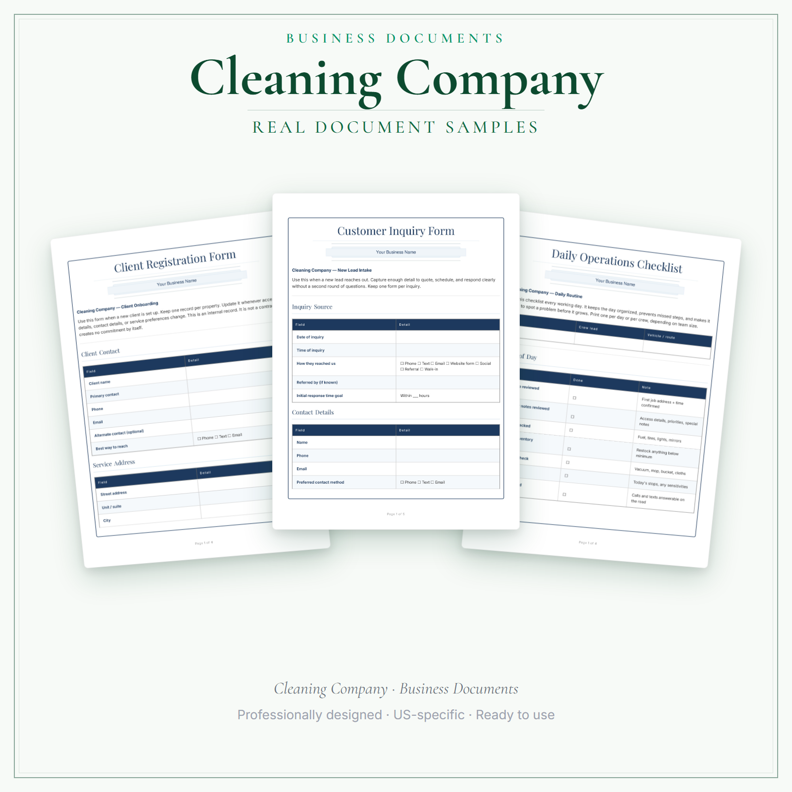 Cleaning Company Business Documents — Premium sample pages