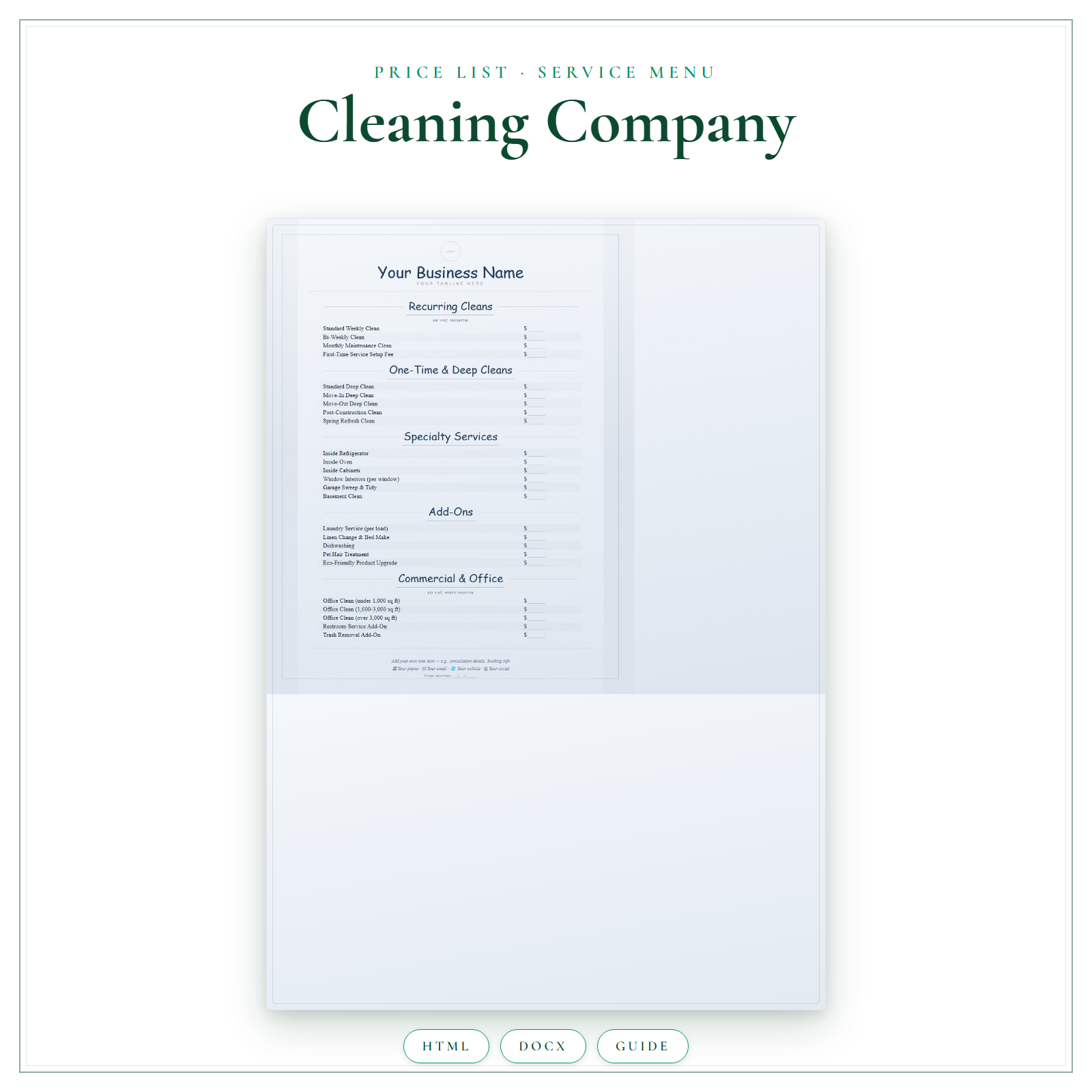 Price List & Service Menu for Cleaning Company