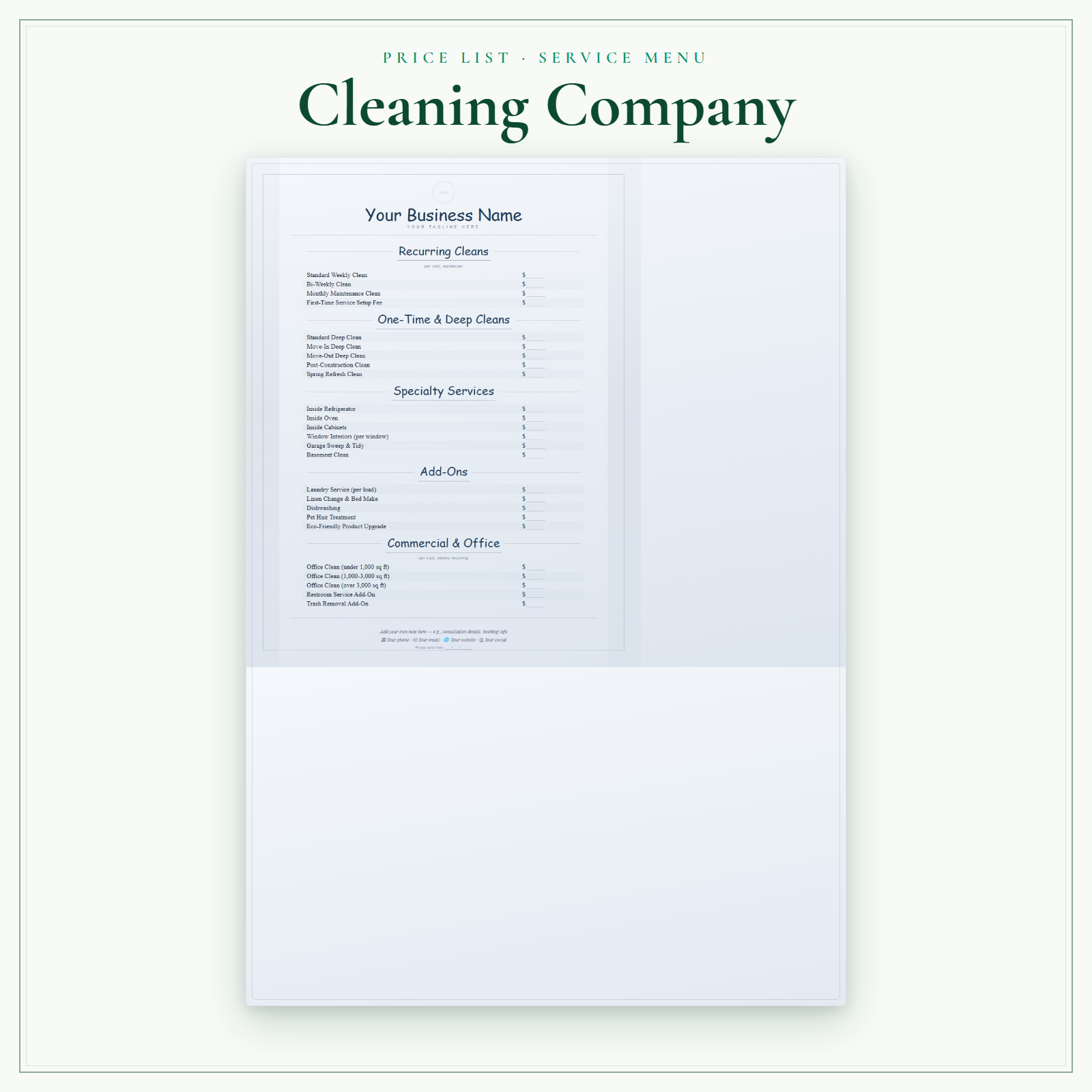 Cleaning Company Price List & Service Menu sample pages