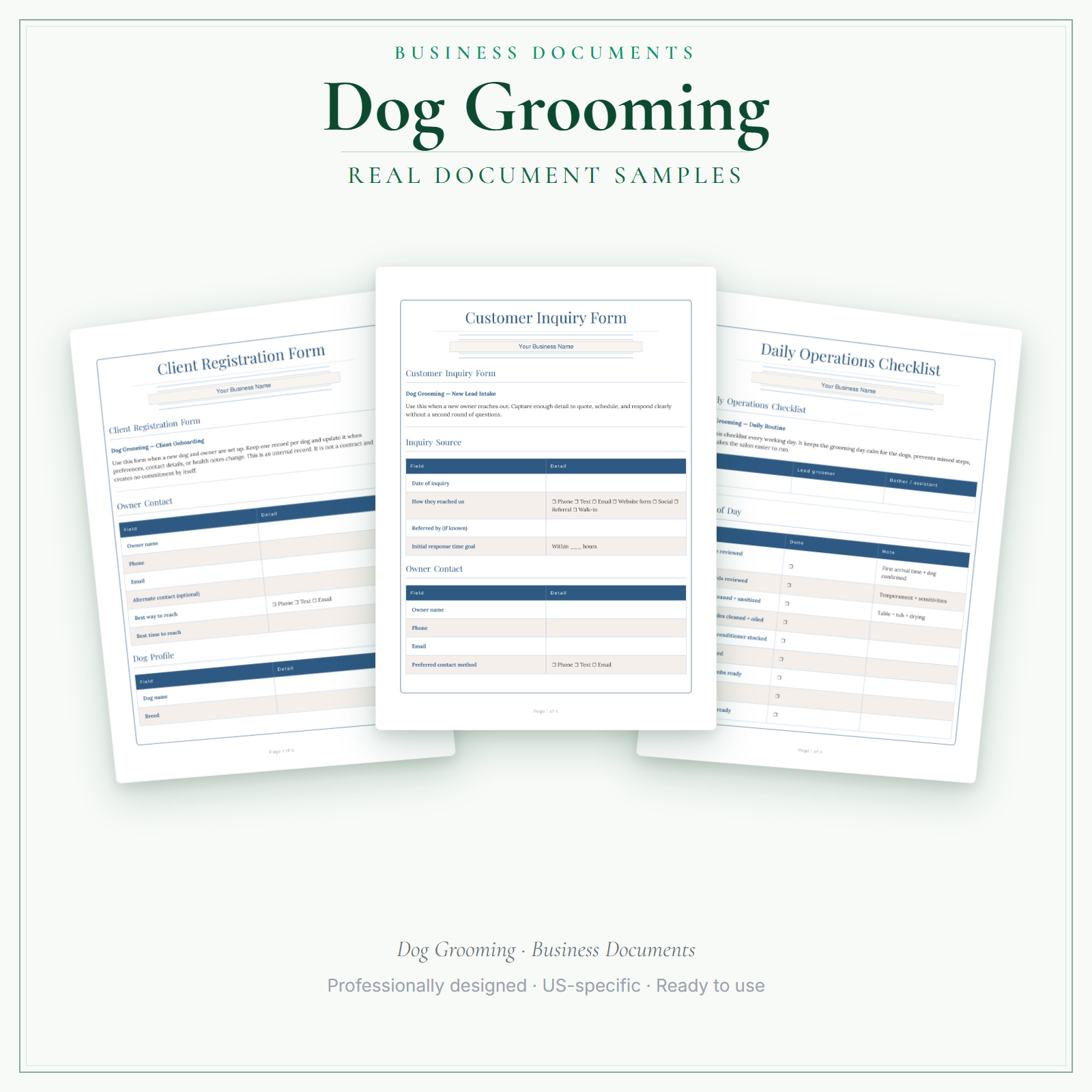 Dog Grooming Business Documents — Premium sample pages