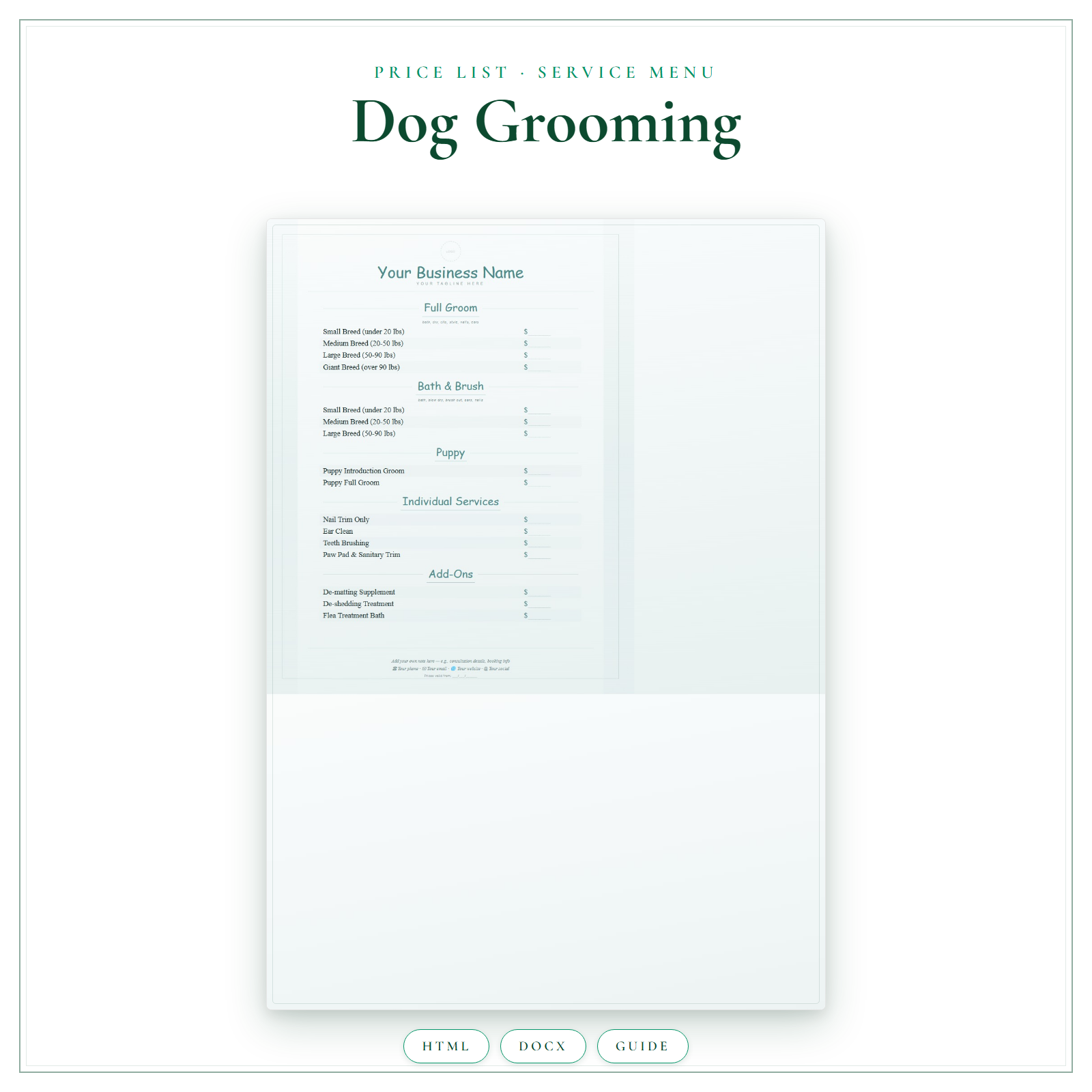Price List & Service Menu for Dog Grooming