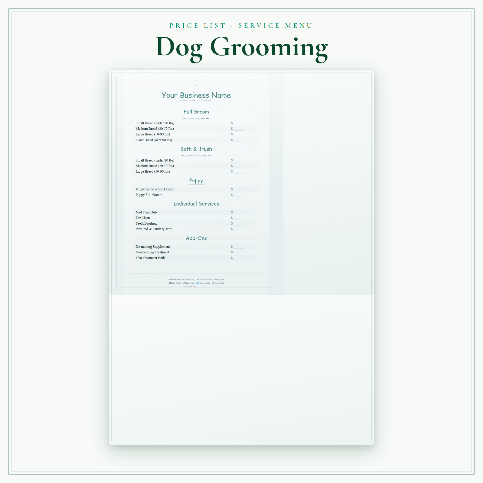Dog Grooming Price List & Service Menu sample pages