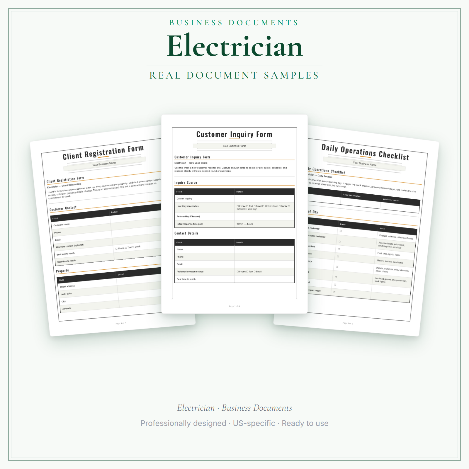 Electrician Business Documents — Premium sample pages
