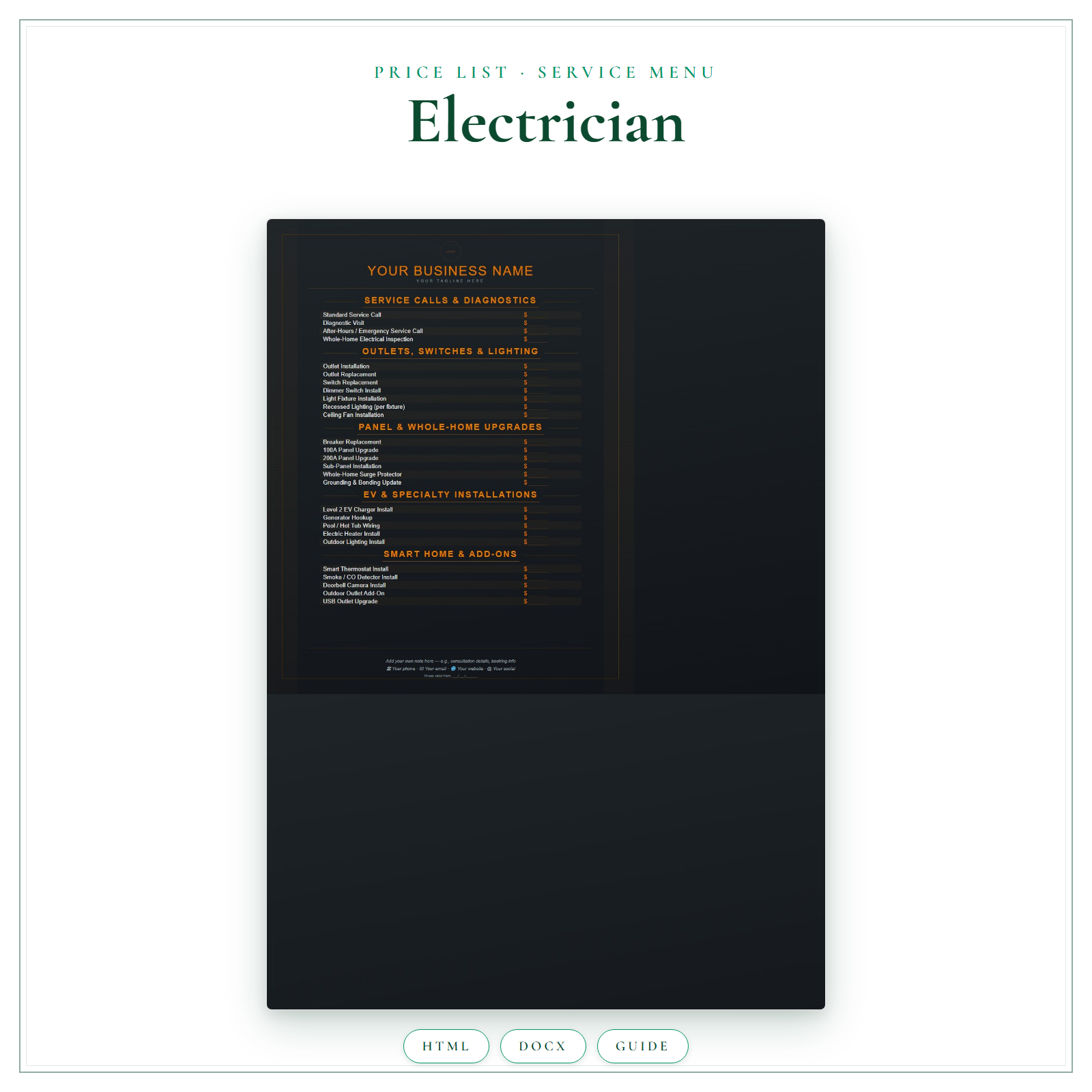 Price List & Service Menu for Electrician