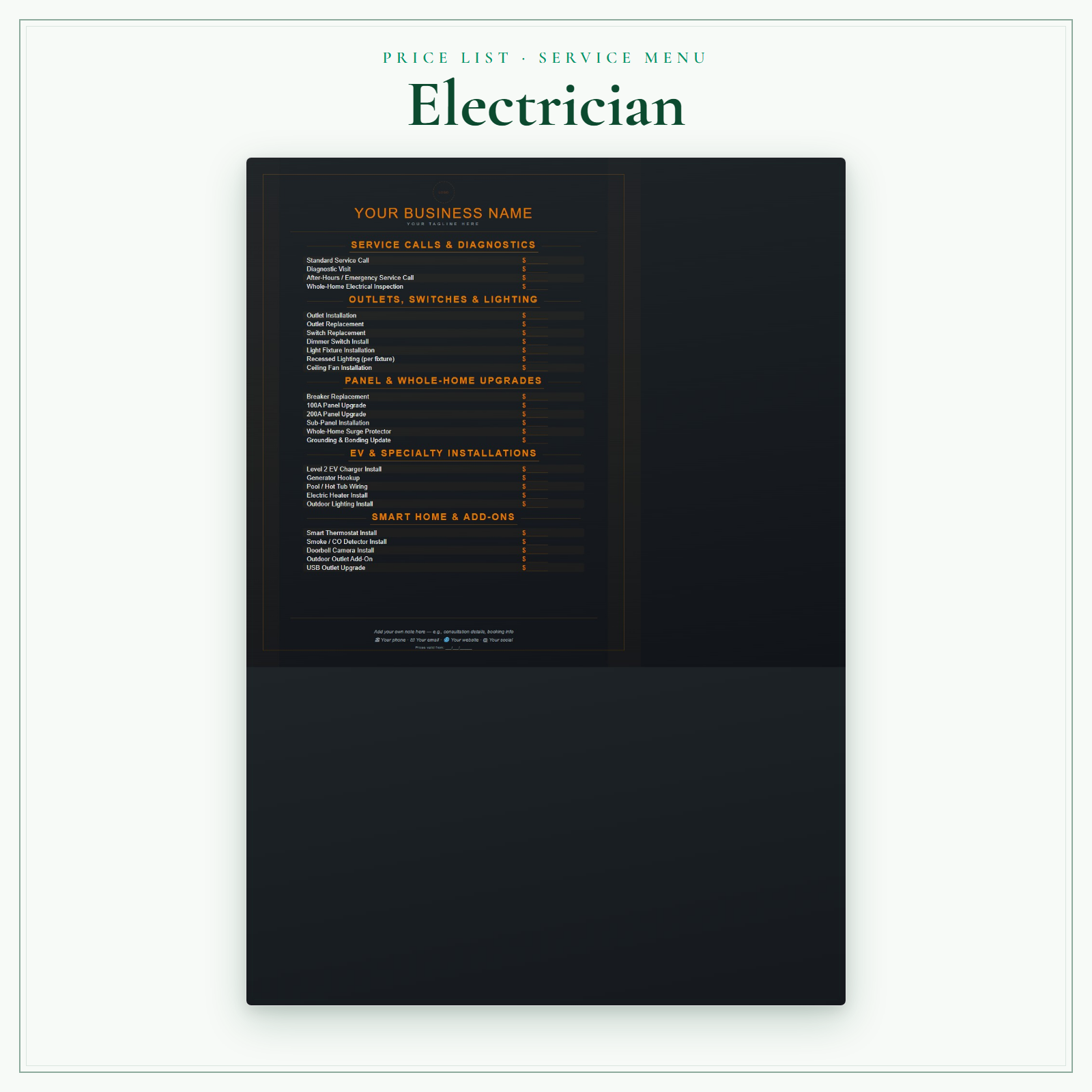 Electrician Price List & Service Menu sample pages