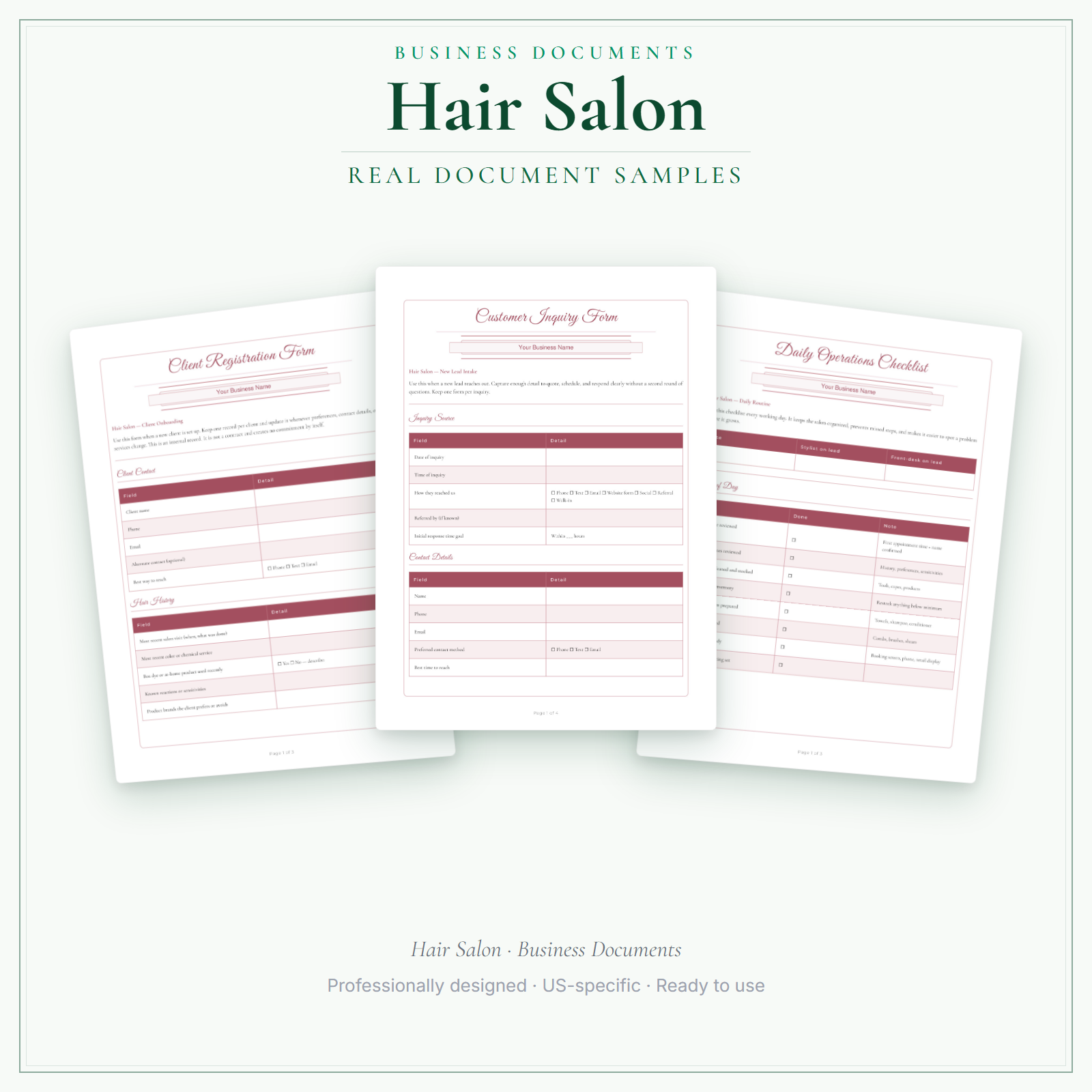 Hair Salon Business Documents — Premium sample pages