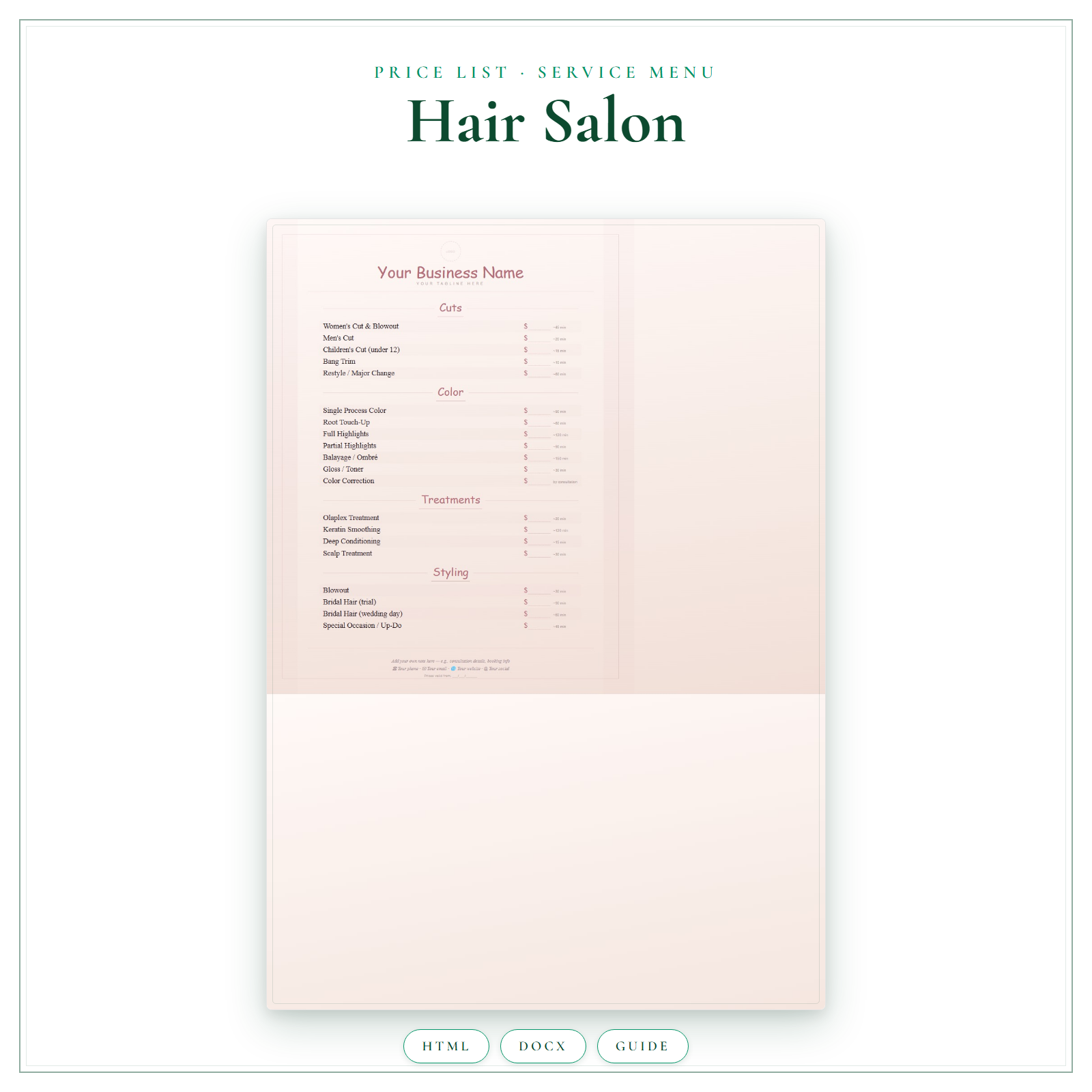 Price List & Service Menu for Hair Salon