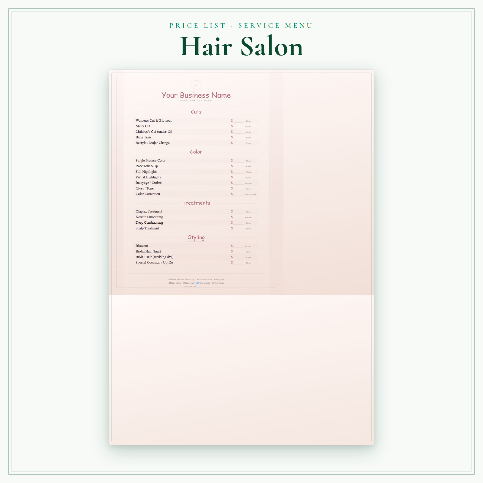 Hair Salon Price List & Service Menu sample pages