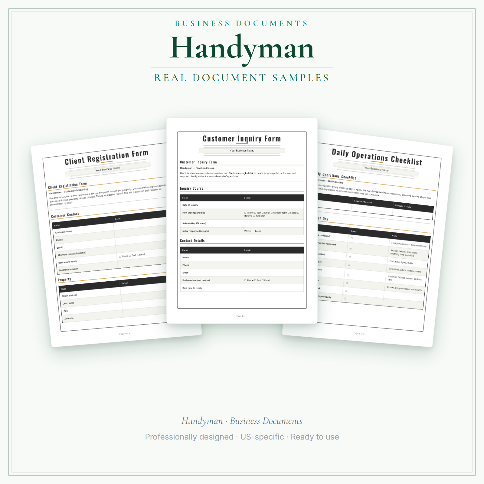 Handyman Business Documents — Premium sample pages