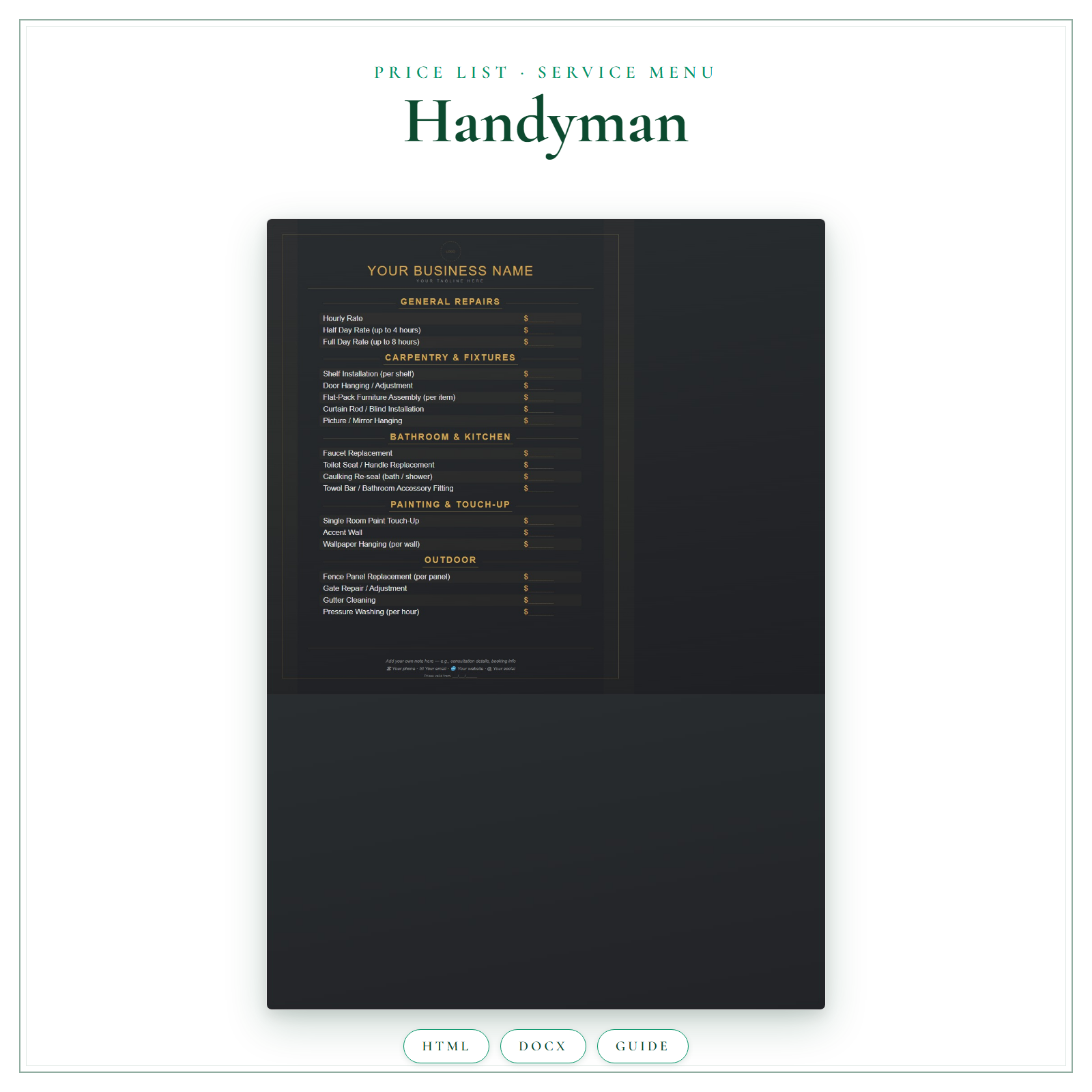 Price List & Service Menu for Handyman