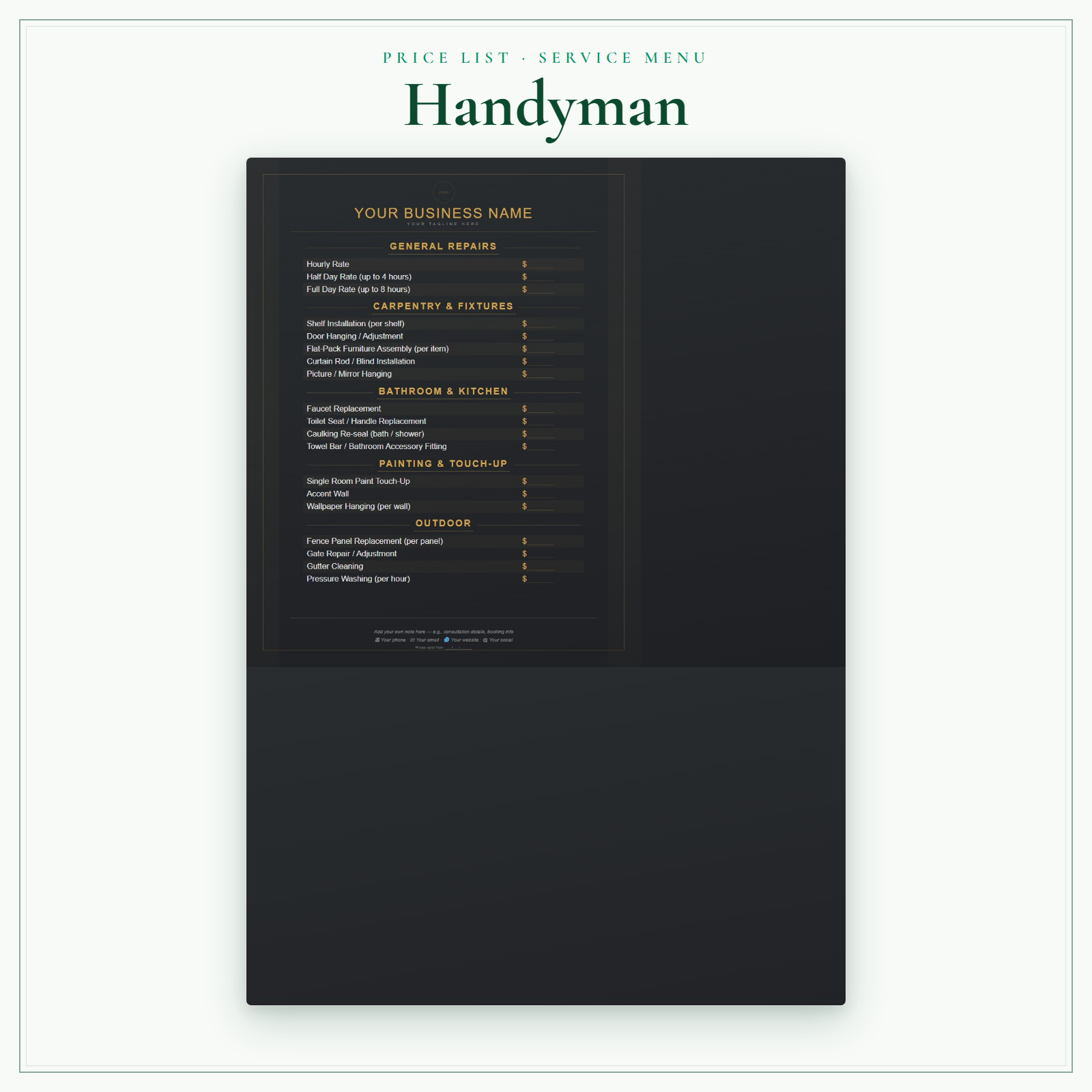 Handyman Price List & Service Menu sample pages