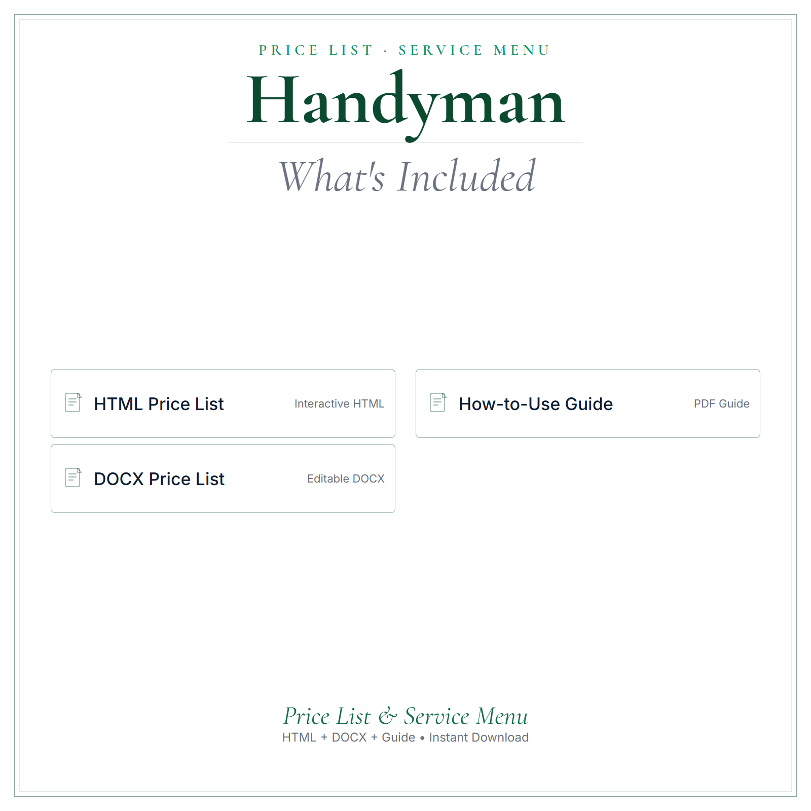 What's included in Handyman Price List & Service Menu