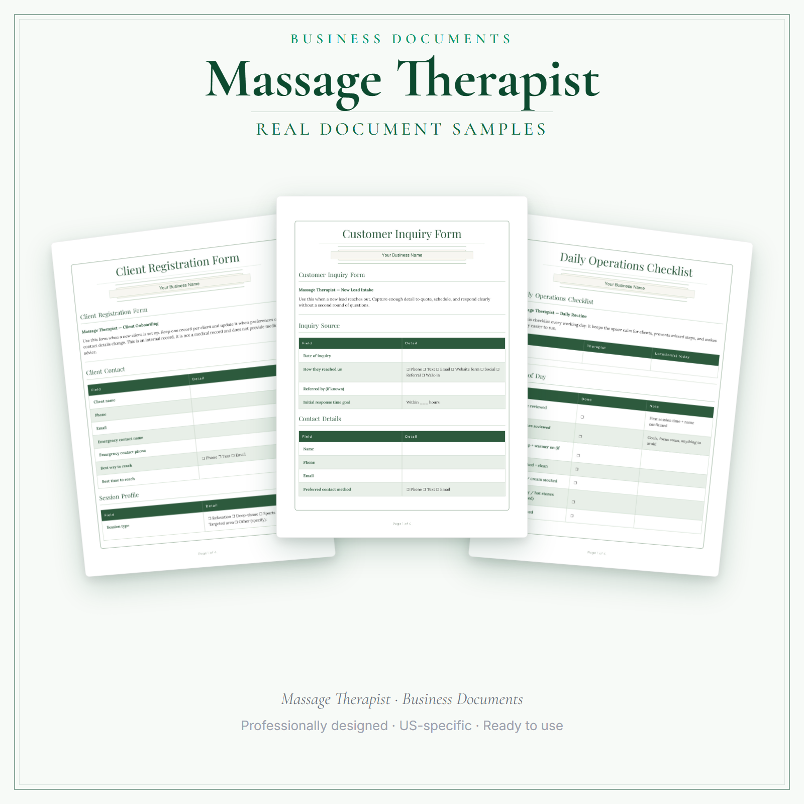 Massage Therapist Business Documents — Premium sample pages