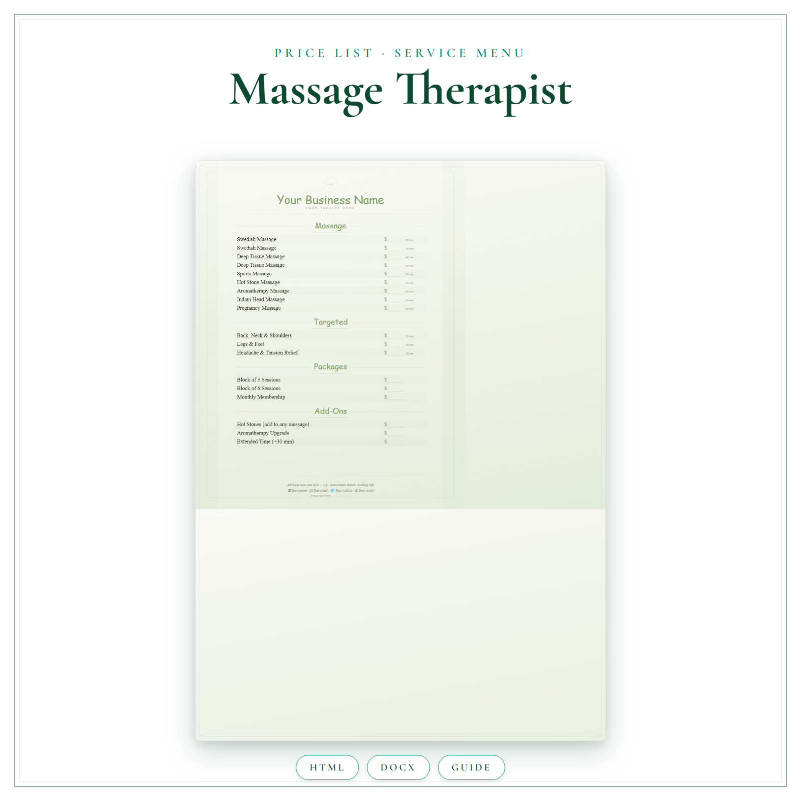 Price List & Service Menu for Massage Therapist